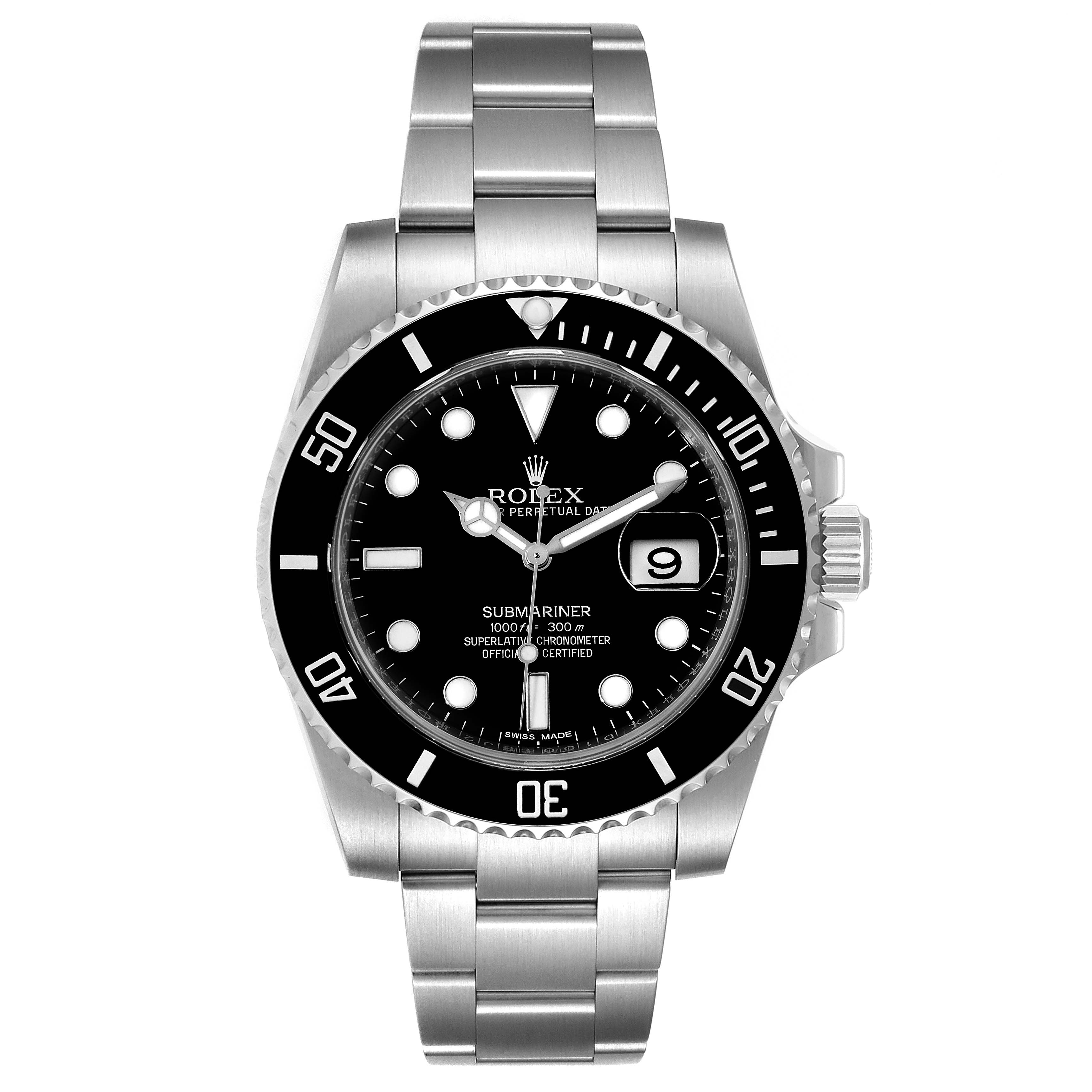 The image shows a front view of a Rolex Submariner 116610LN Men
s Stainless Steel Black Dial 116610LN Men
s Stainless Steel Black Dial with its face, bezel, and bracelet clearly visible.