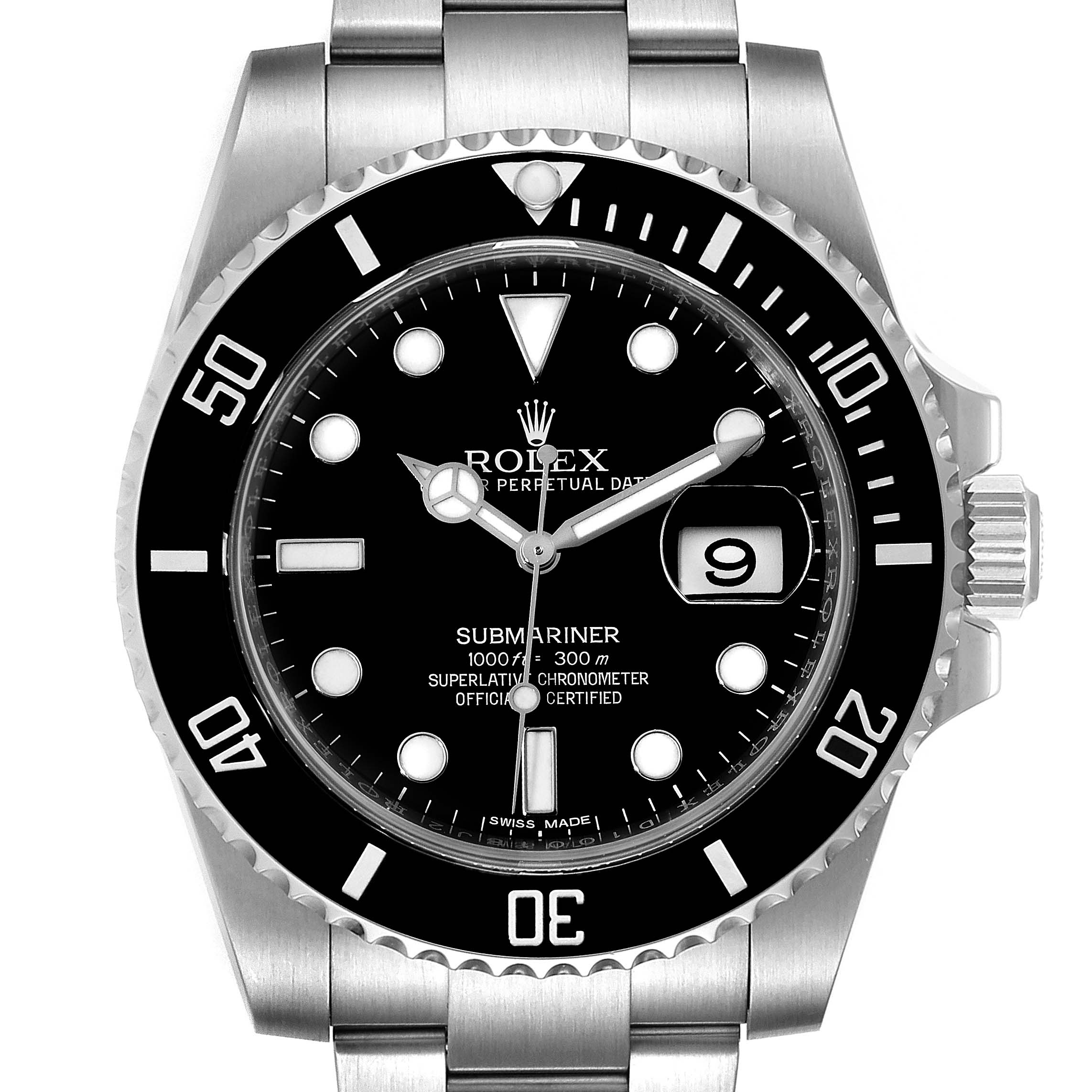The image shows a frontal view of a Rolex Submariner 116610LN Men
s Stainless Steel Black Dial 116610LN Men
s Stainless Steel Black Dial watch, displaying the dial, bezel, date window, and bracelet.