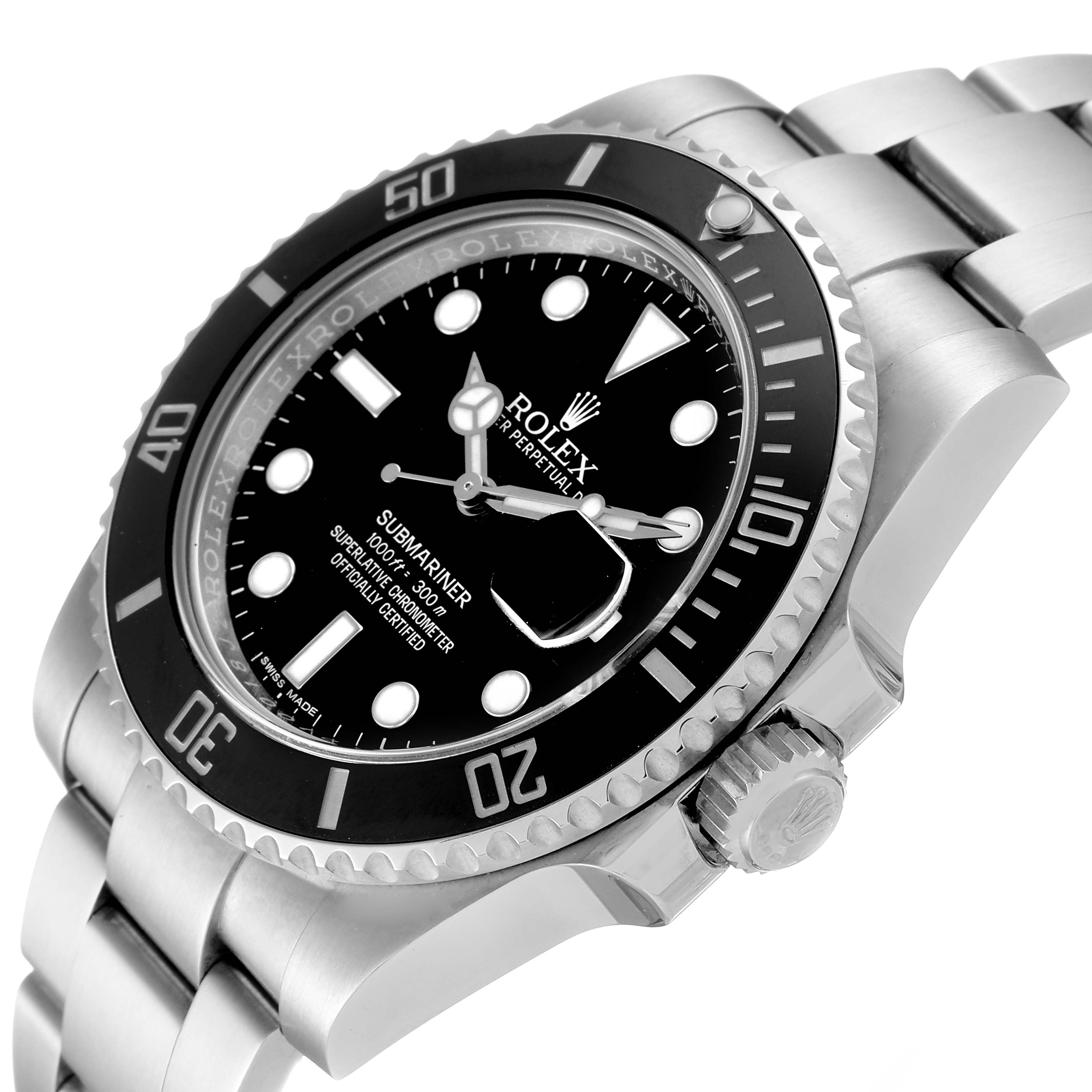 This image shows a close-up, angled view of a Rolex Submariner 116610LN Men
s Stainless Steel Black Dial 116610LN Men
s Stainless Steel Black Dial watch, highlighting the bezel, dial, and stainless steel bracelet.