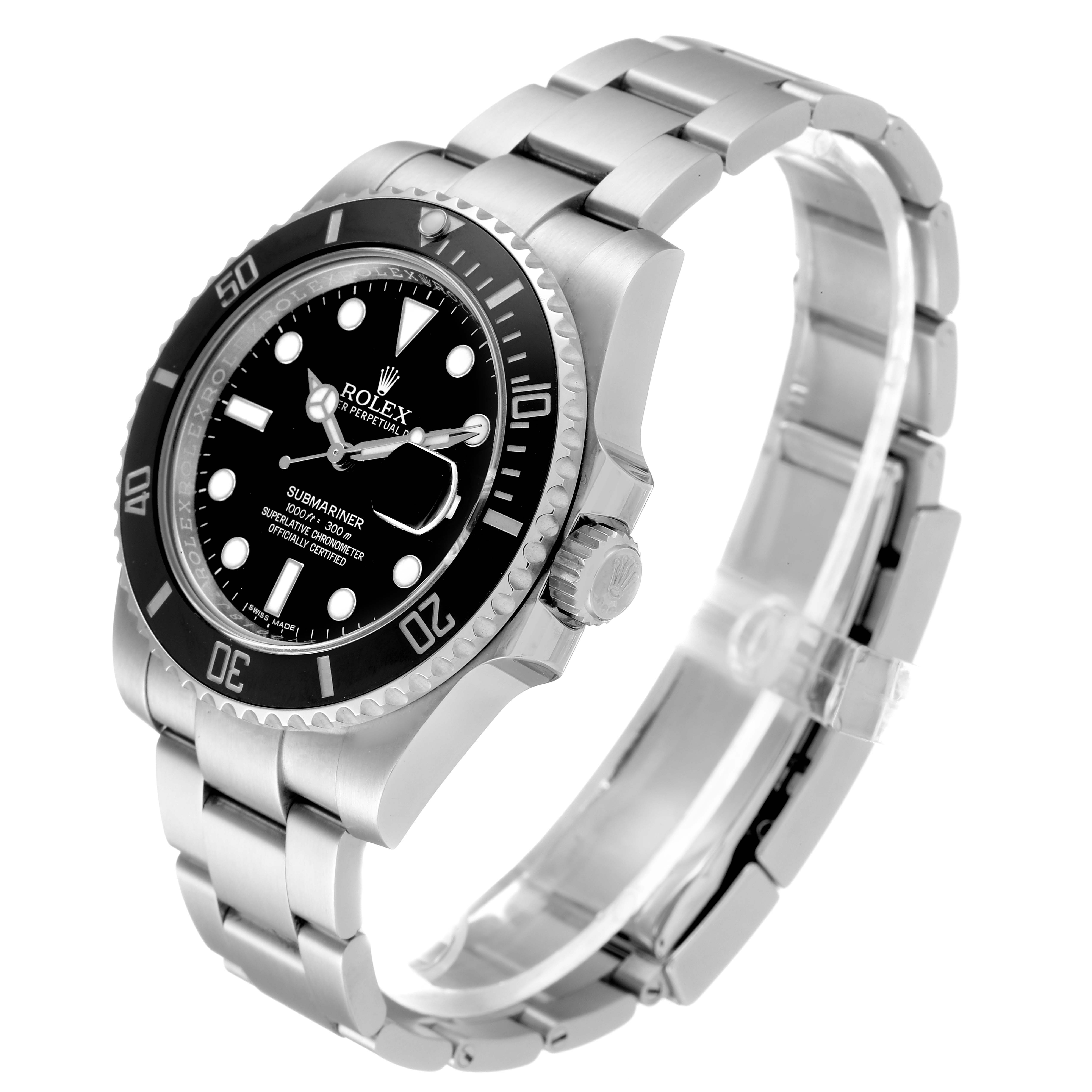 The image shows a side-angle view of the Rolex Submariner 116610LN Men
s Stainless Steel Black Dial 116610LN Men
s Stainless Steel Black Dial watch, highlighting the black dial, bezel, and metal bracelet.