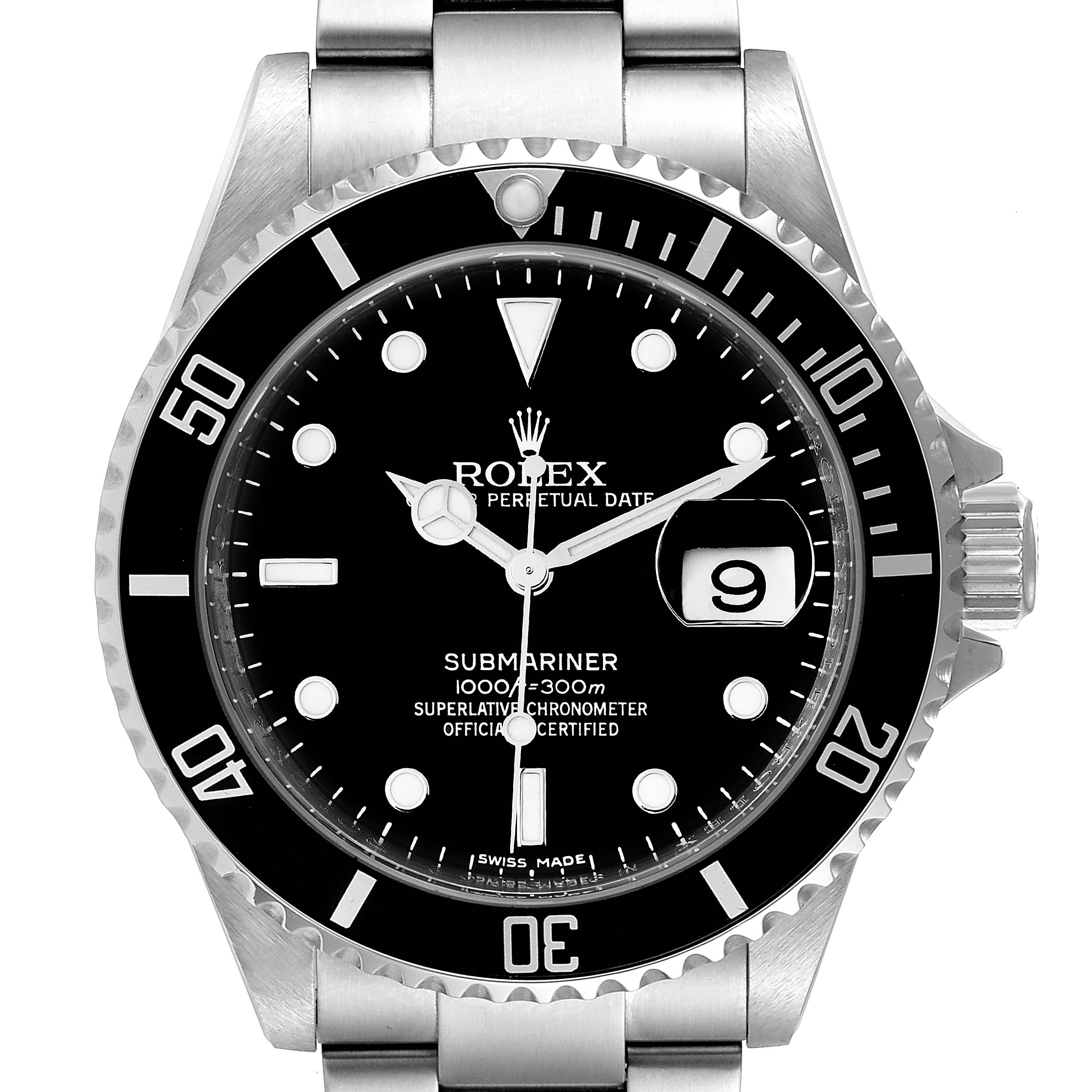 The image shows a frontal view of a Rolex Submariner 16610 Men
s Stainless Steel Black Dial 16610 Men
s Stainless Steel Black Dial watch, including the dial, bezel, and a portion of the bracelet.
