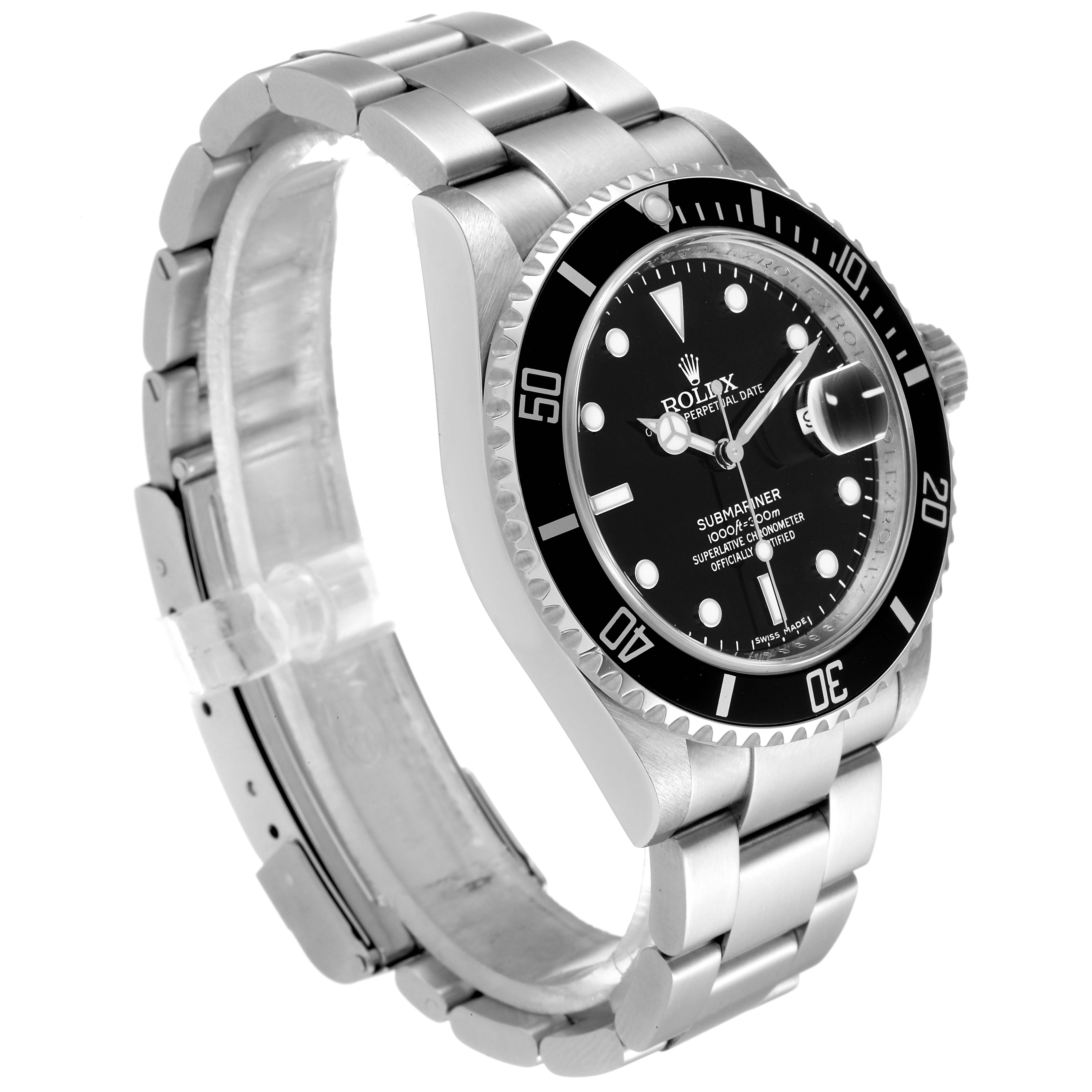 The image shows a Rolex Submariner 16610 Men
s Stainless Steel Black Dial 16610 Men
s Stainless Steel Black Dial watch at an angle displaying the black dial, bezel, and stainless steel bracelet.