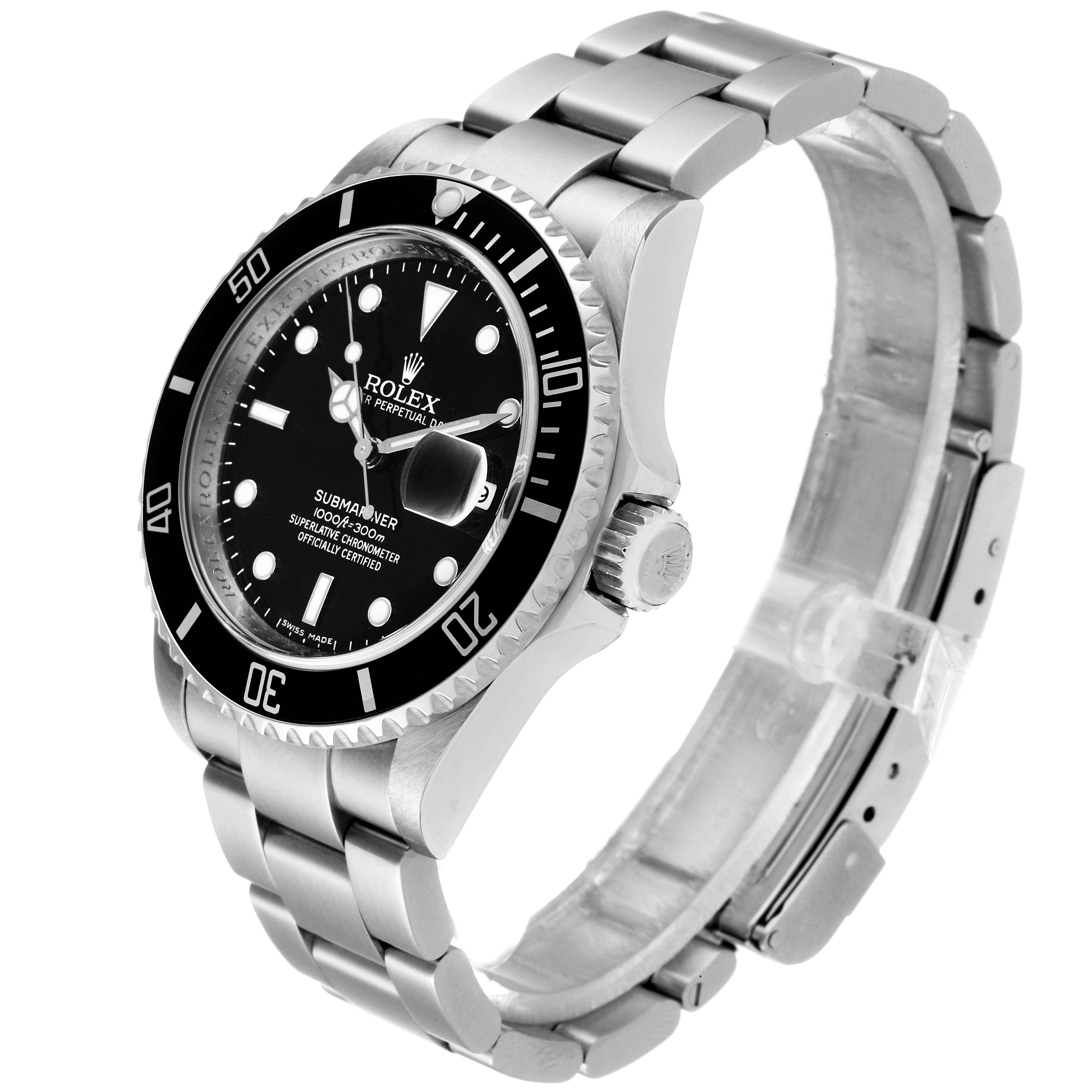 The image shows a Rolex Submariner 16610 Men
s Stainless Steel Black Dial 16610 Men
s Stainless Steel Black Dial watch at an angle highlighting the face, bezel, crown, and bracelet.