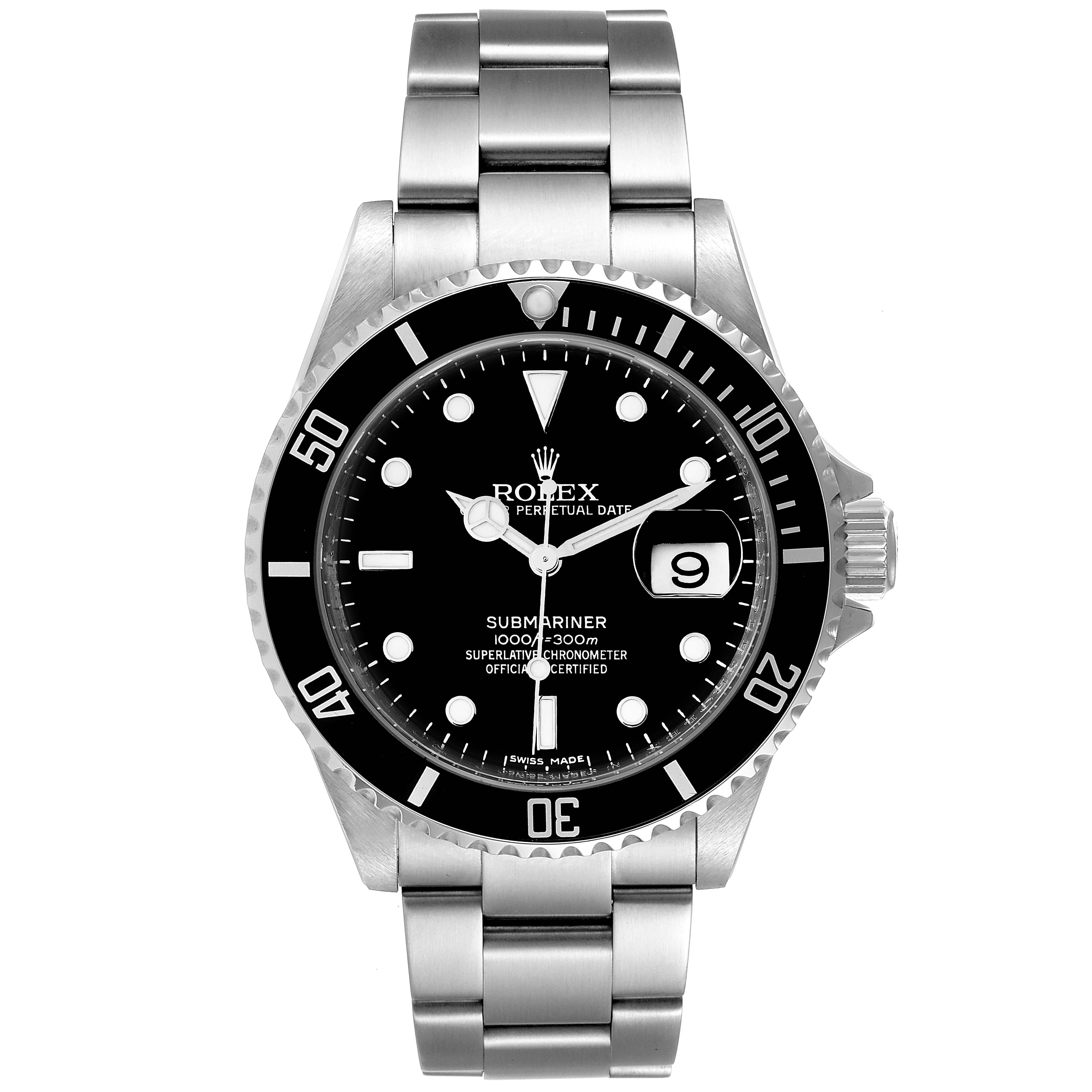 This image shows a front view of a Rolex Submariner 16610 Men
s Stainless Steel Black Dial 16610 Men
s Stainless Steel Black Dial watch, displaying the face, bezel, crown, and bracelet.