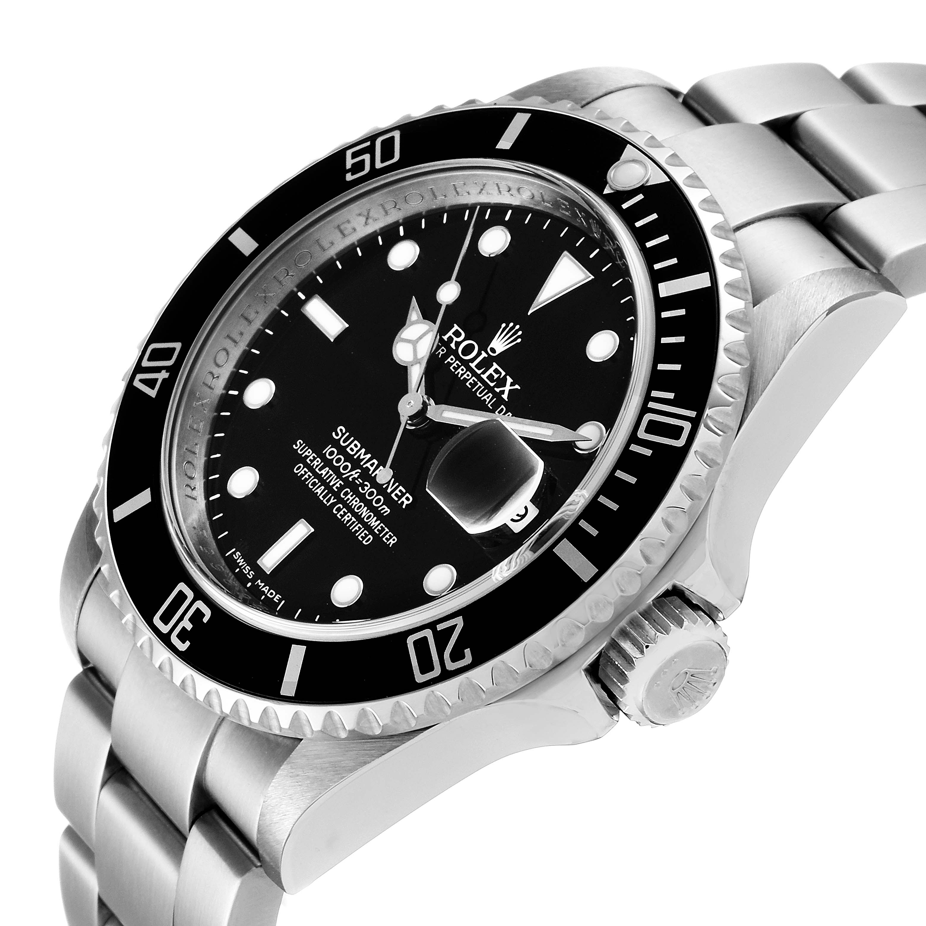 The image shows a close-up angle of the Rolex Submariner 16610 Men
s Stainless Steel Black Dial 16610 Men
s Stainless Steel Black Dial watch, showcasing its bezel, dial, crown, and bracelet.