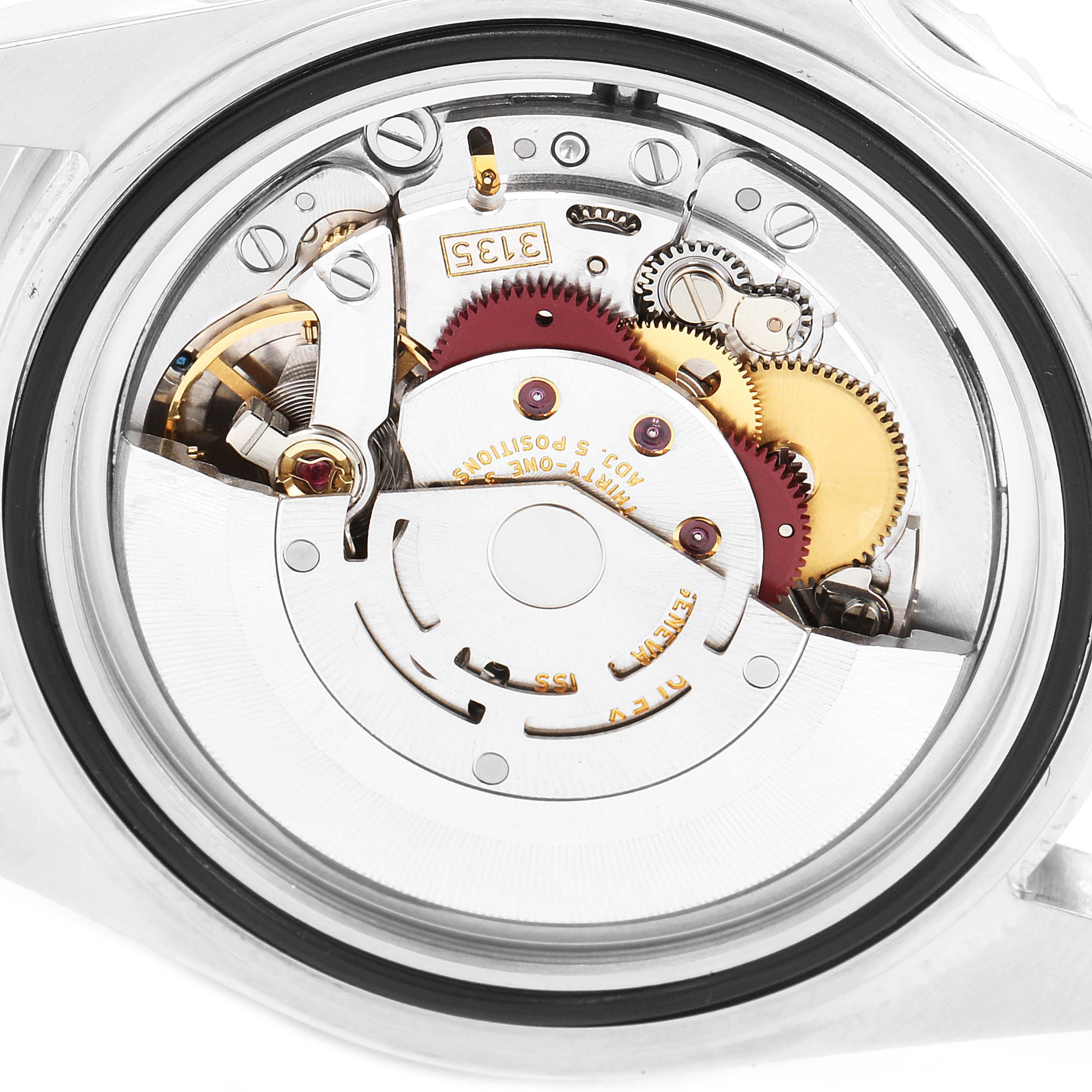 This image shows a close-up view of the movement inside a Rolex Submariner 16610 Men
s Stainless Steel Black Dial 16610 Men
s Stainless Steel Black Dial watch.