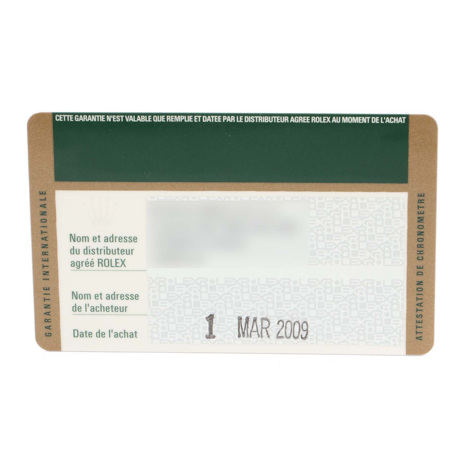 This image shows the warranty card for a Rolex Submariner 16610 Men
s Stainless Steel Black Dial 16610 Men
s Stainless Steel Black Dial watch, dated March 1, 2009.