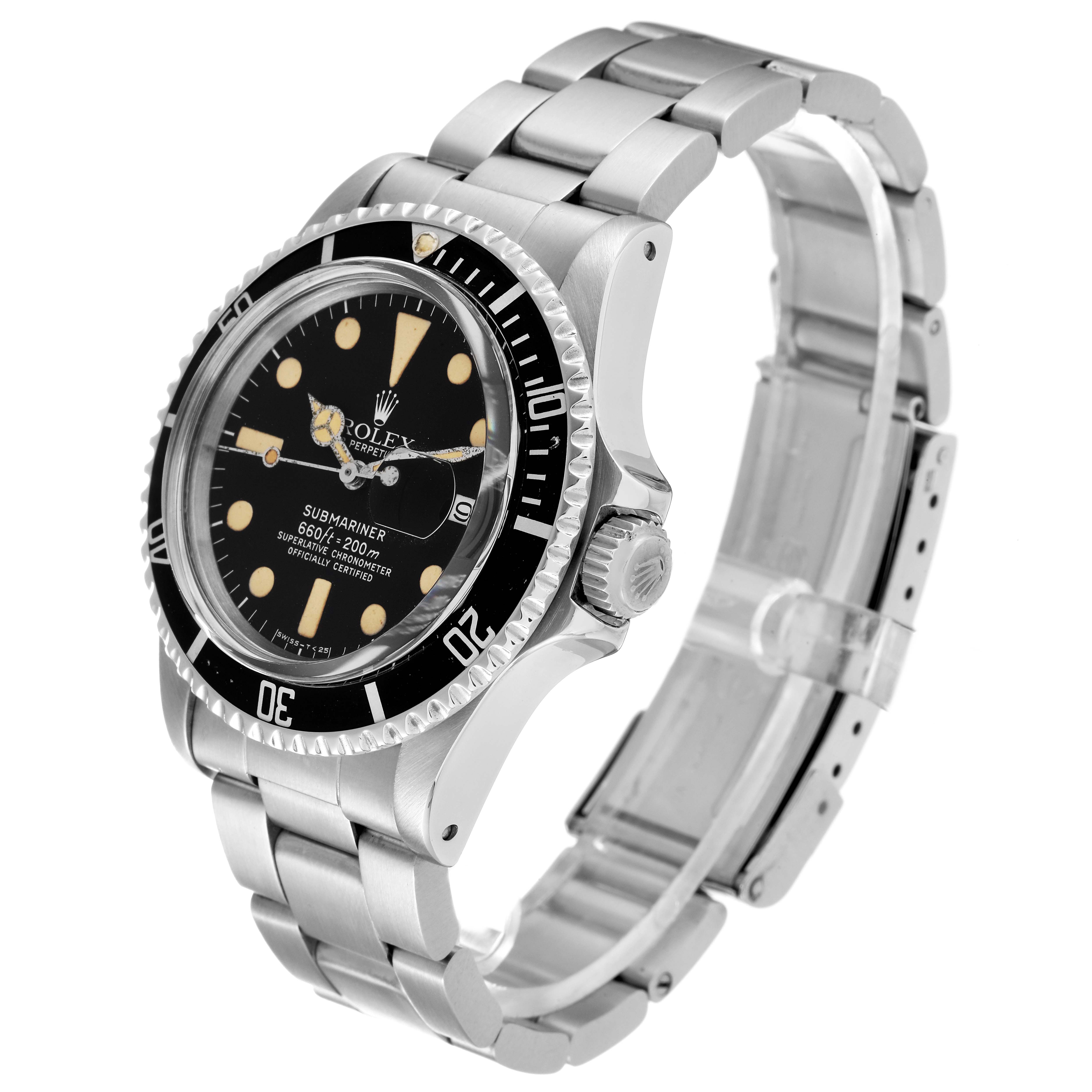The Rolex Vintage Collection 1680 Men's Stainless Steel Black Dial 1680 Men's Stainless Steel Black Dial watch is shown from an angled side view, highlighting its face, bezel, crown, and metal bracelet.