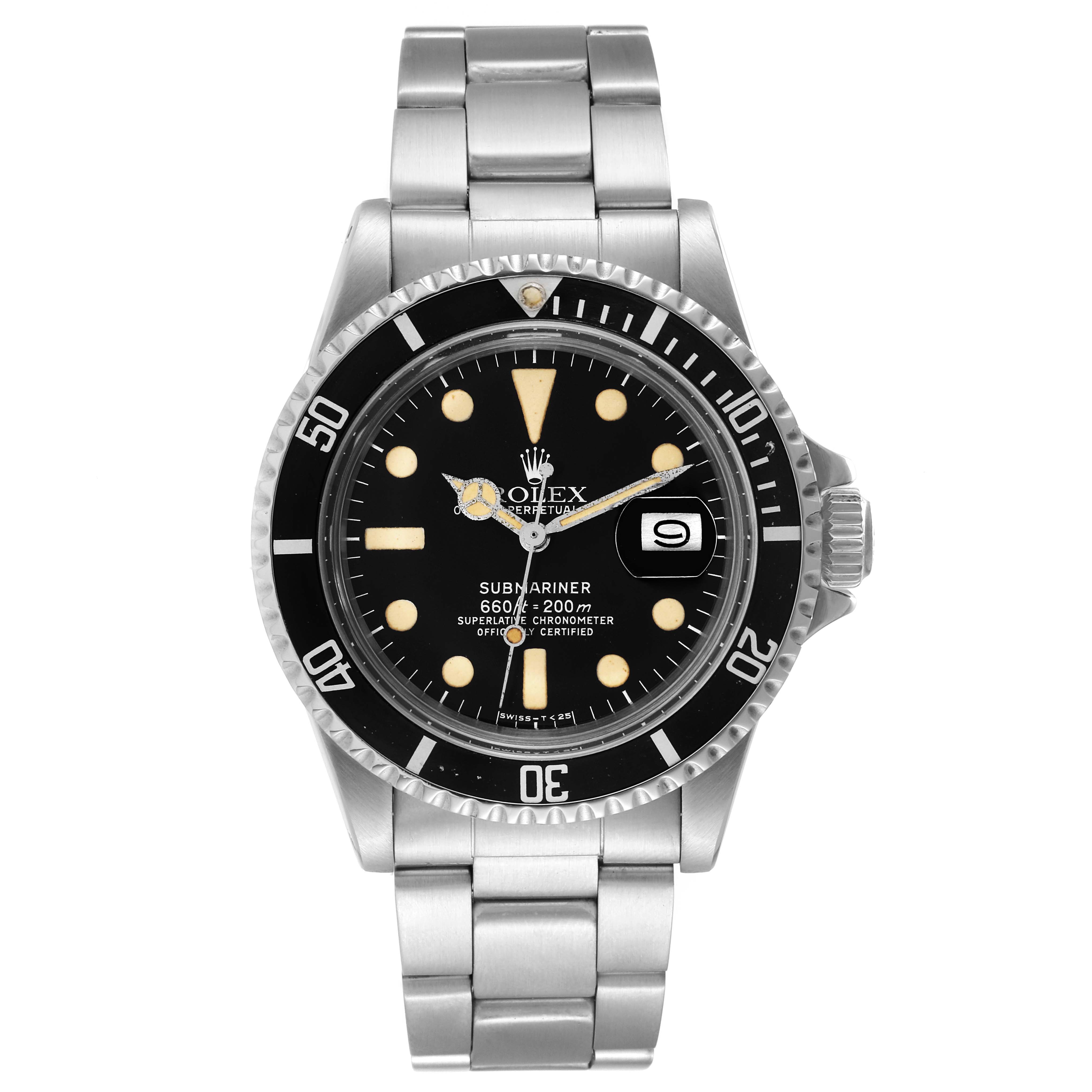 The image shows a front view of the Rolex Vintage Collection 1680 Men's Stainless Steel Black Dial 1680 Men's Stainless Steel Black Dial Submariner watch, displaying the dial, bezel, crown, and stainless steel bracelet.