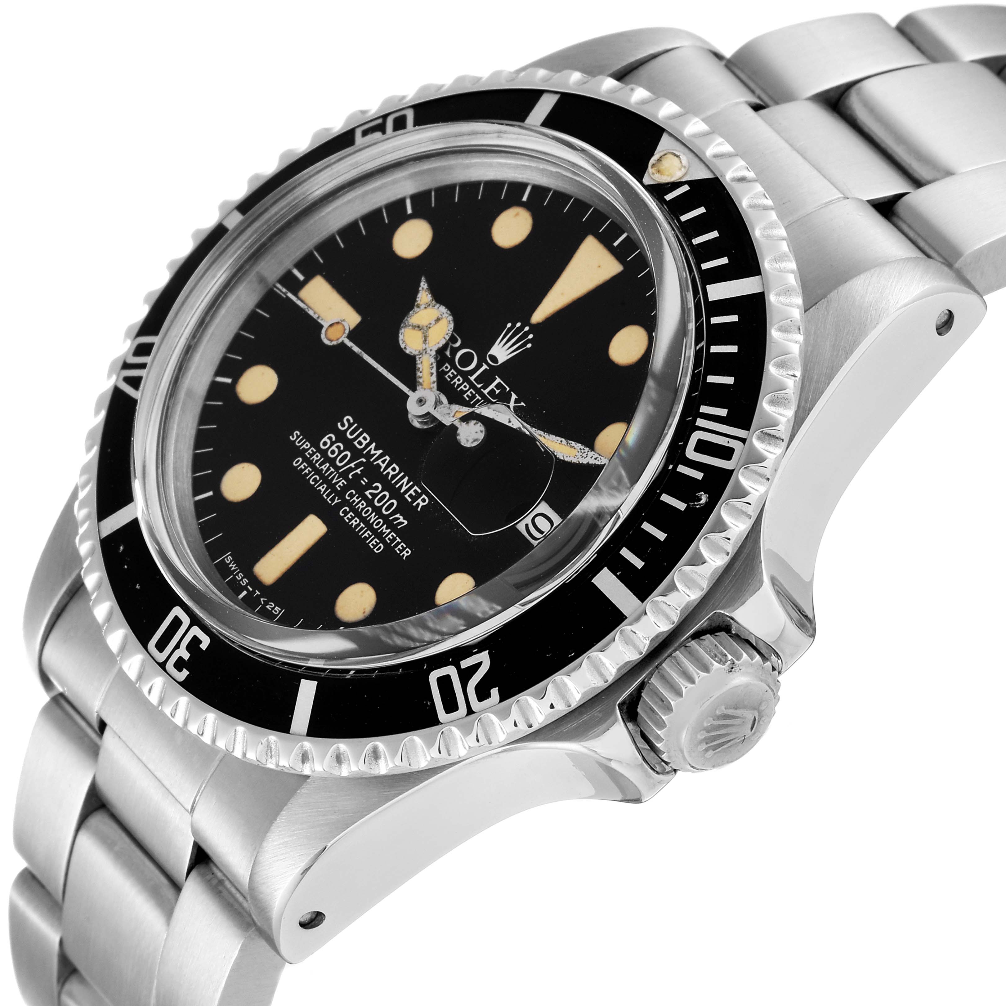 The image shows a side angle of a Rolex Vintage Collection 1680 Men's Stainless Steel Black Dial 1680 Men's Stainless Steel Black Dial Submariner watch, highlighting the bezel, dial, crown, and part of the bracelet.