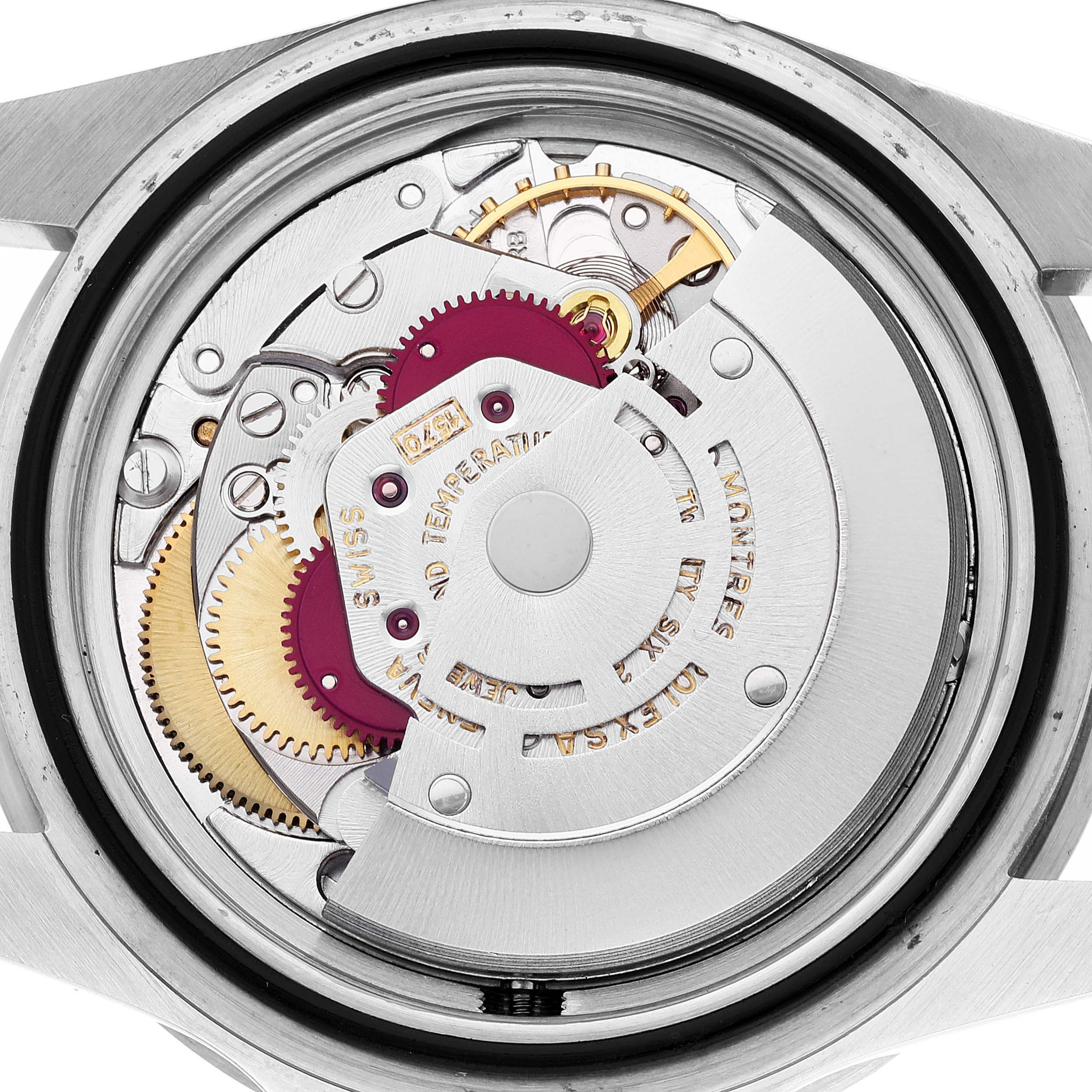 This image shows the movement mechanism of the Rolex Vintage Collection 1680 Men's Stainless Steel Black Dial 1680 Men's Stainless Steel Black Dial watch from a back angle with the case back removed.