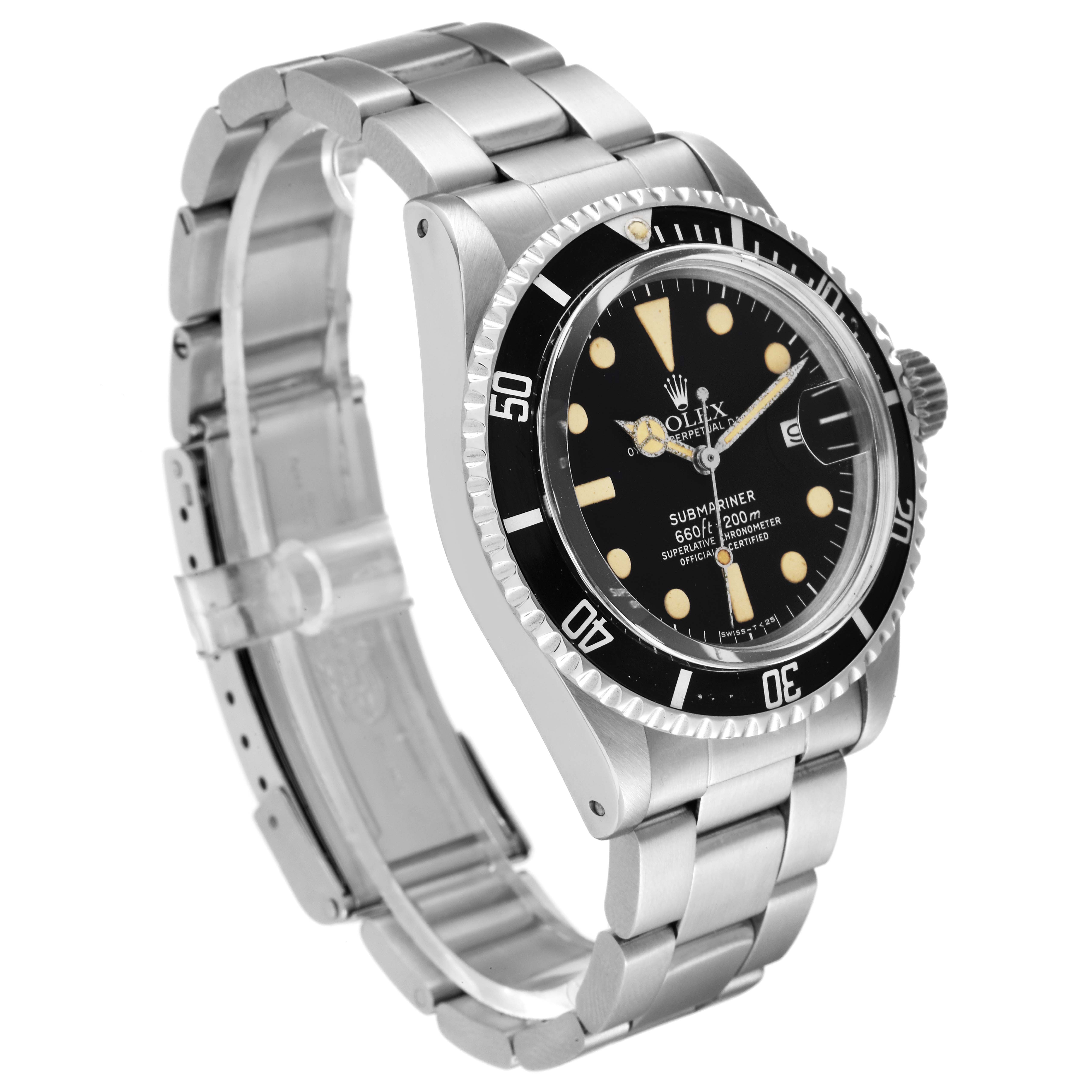 This Rolex Vintage Collection 1680 Men's Stainless Steel Black Dial 1680 Men's Stainless Steel Black Dial model watch is shown from a three-quarter side angle, highlighting its bezel, dial, case, and bracelet.