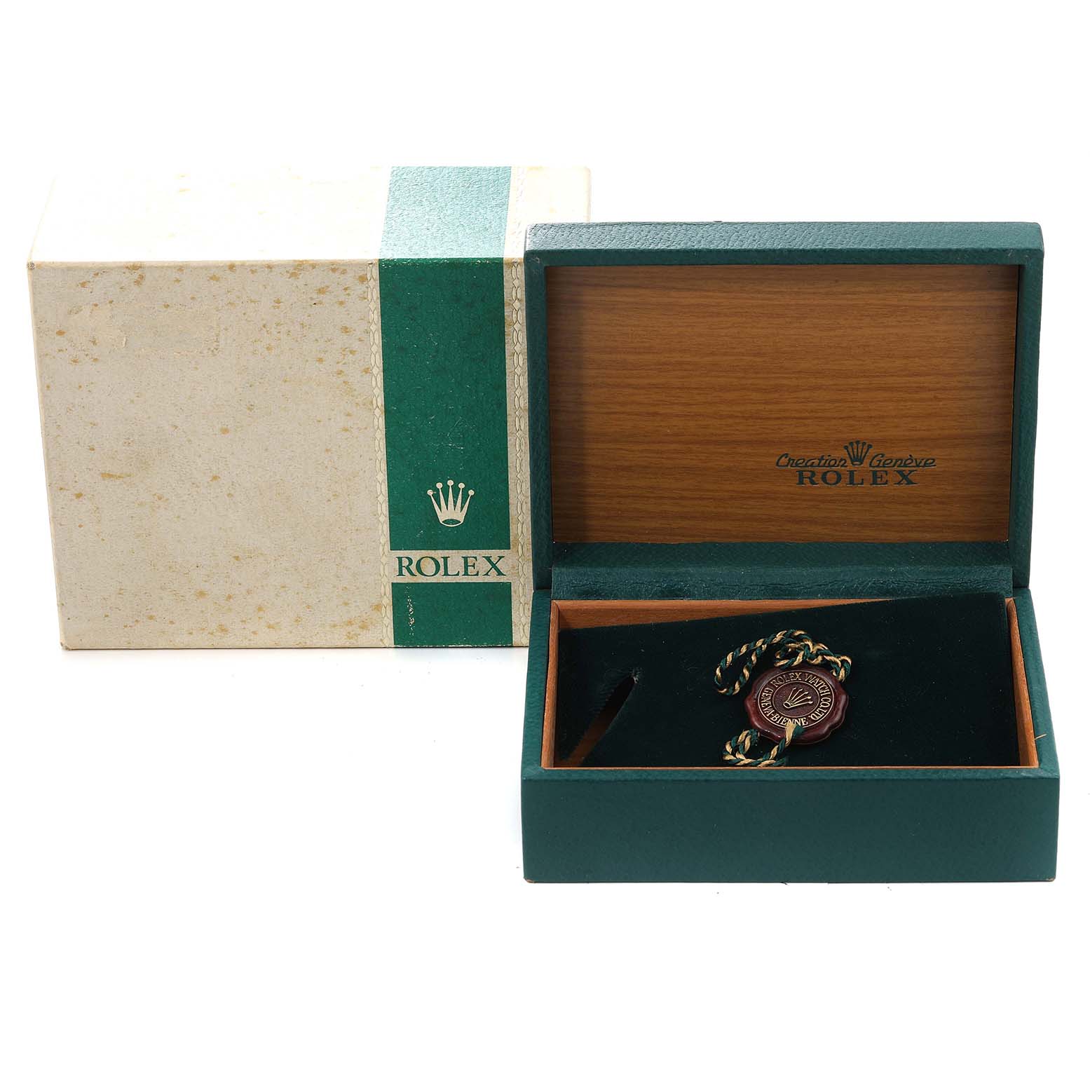 The image shows a Rolex Vintage Collection 1680 Men's Stainless Steel Black Dial 1680 Men's Stainless Steel Black Dial watch box with an accessory tag inside, photographed from a front angle.