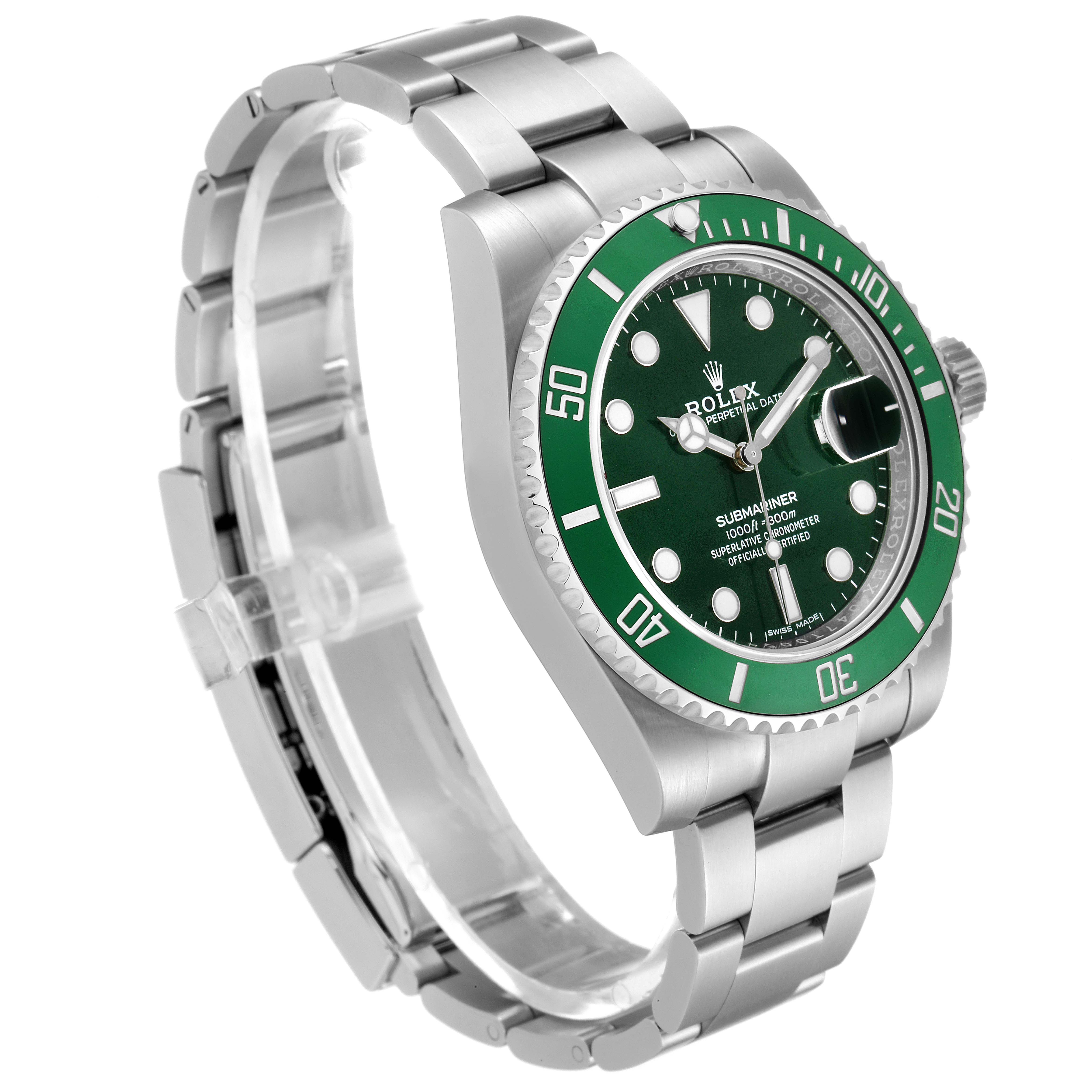 The image shows a side and front-angle view of a Rolex Submariner 116610LV Men
s Stainless Steel Green Dial 116610LV Men
s Stainless Steel Green Dial watch, focusing on its green bezel and face with the bracelet visible.
