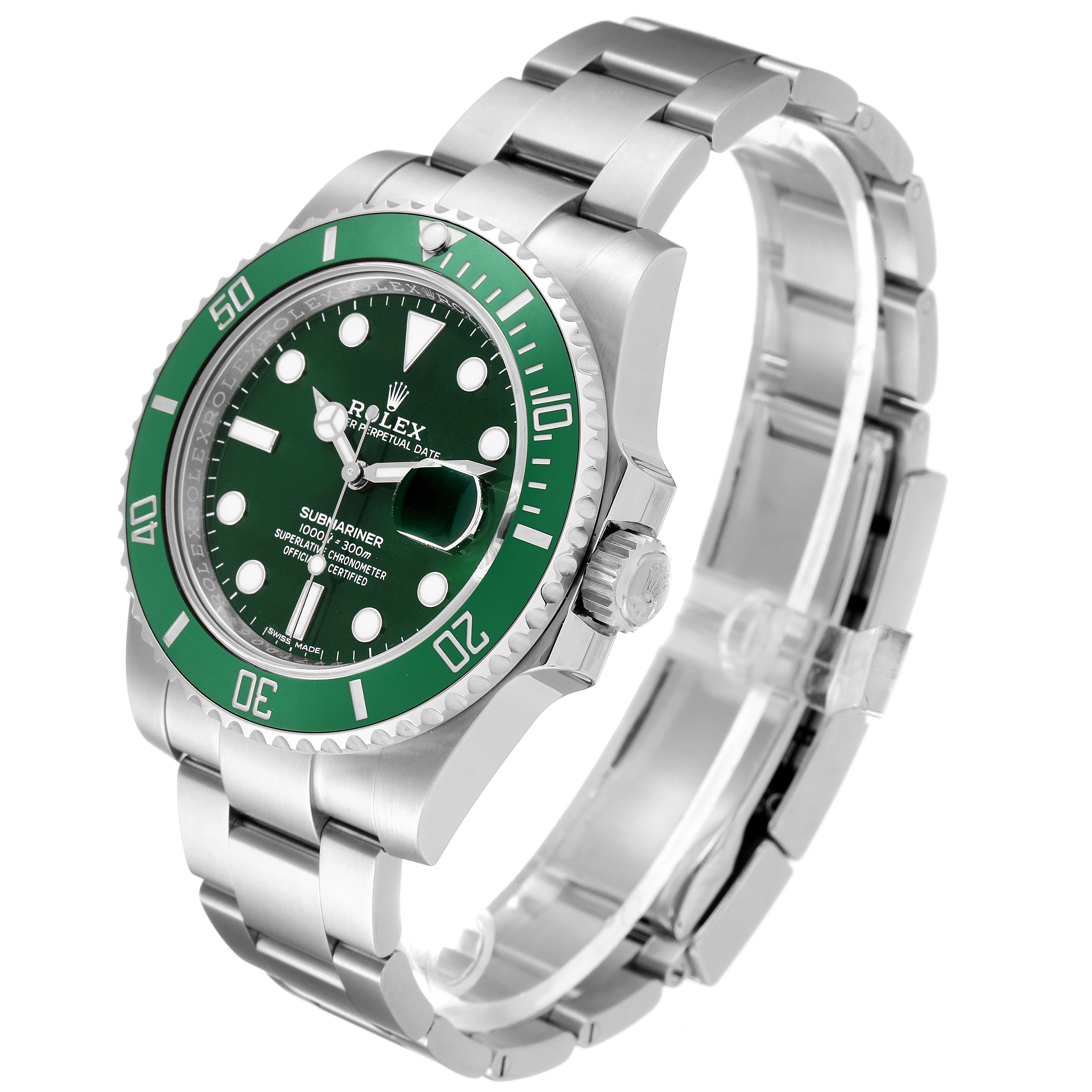 The image shows a three-quarter angle view of the Rolex Submariner 116610LV Men
s Stainless Steel Green Dial 116610LV Men
s Stainless Steel Green Dial watch, highlighting its green dial, bezel, and stainless steel bracelet.