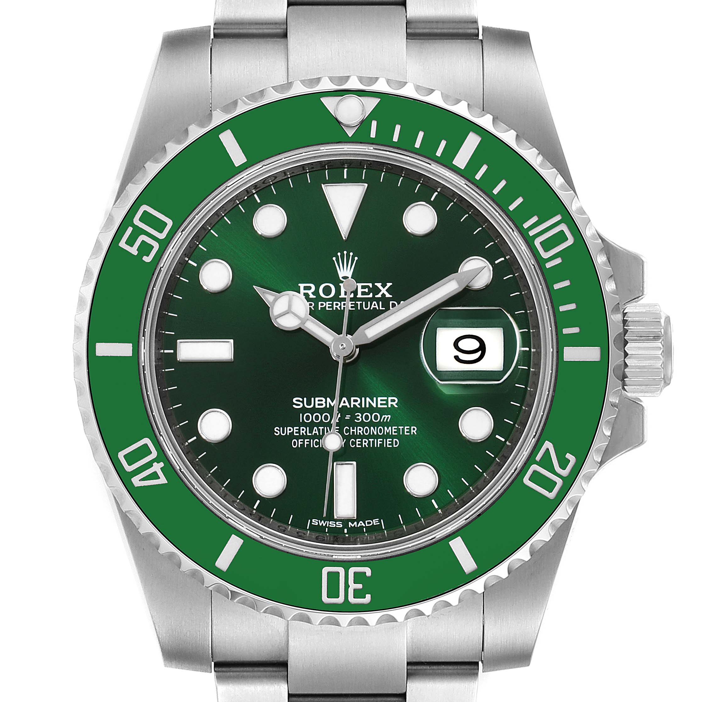 The image shows a front view of a Rolex Submariner 116610LV Men
s Stainless Steel Green Dial 116610LV Men
s Stainless Steel Green Dial watch, highlighting its green bezel, green dial, and date window.