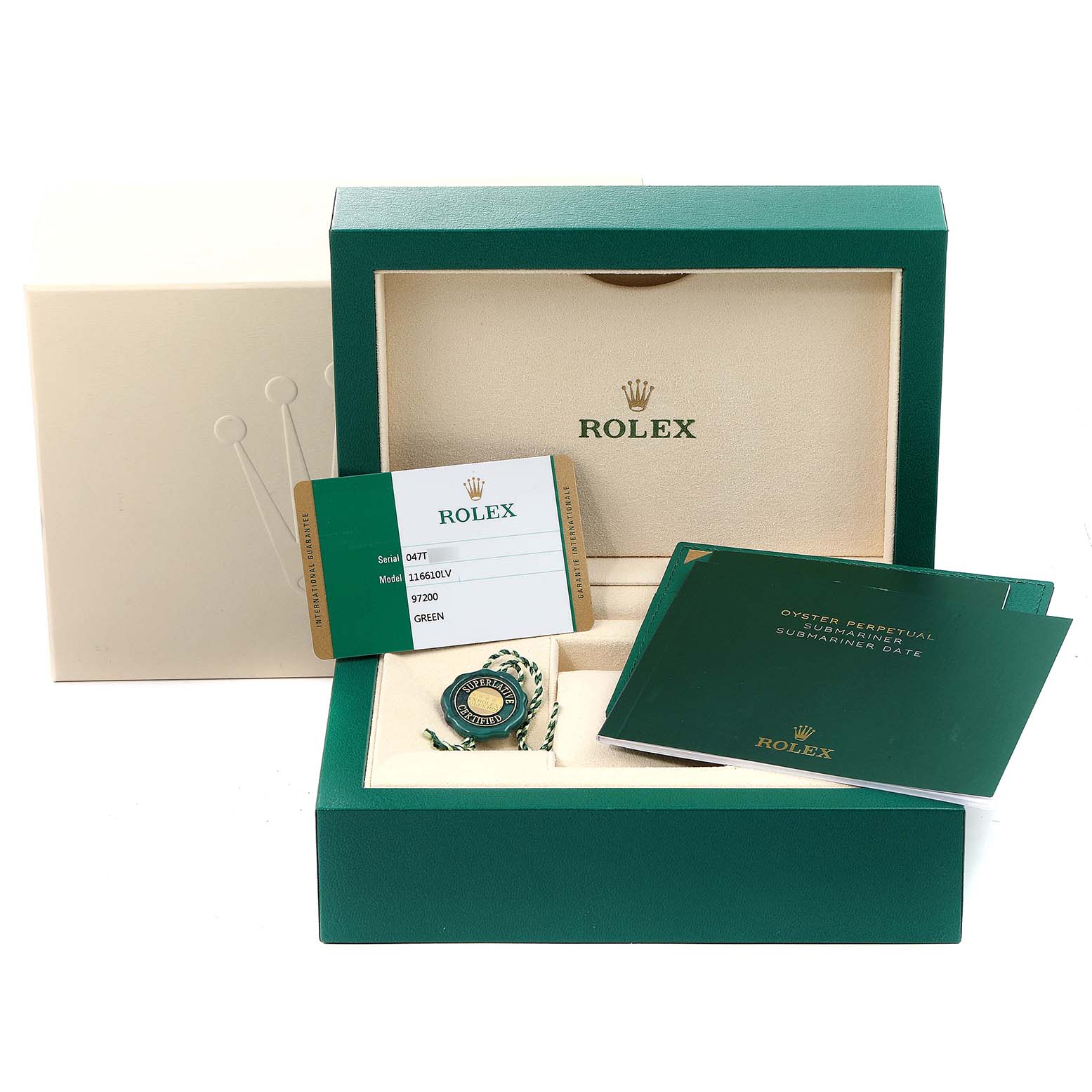 The image shows the packaging, instruction manual, hang tag, and registration card for the Rolex Submariner 116610LV Men
s Stainless Steel Green Dial 116610LV Men
s Stainless Steel Green Dial watch.