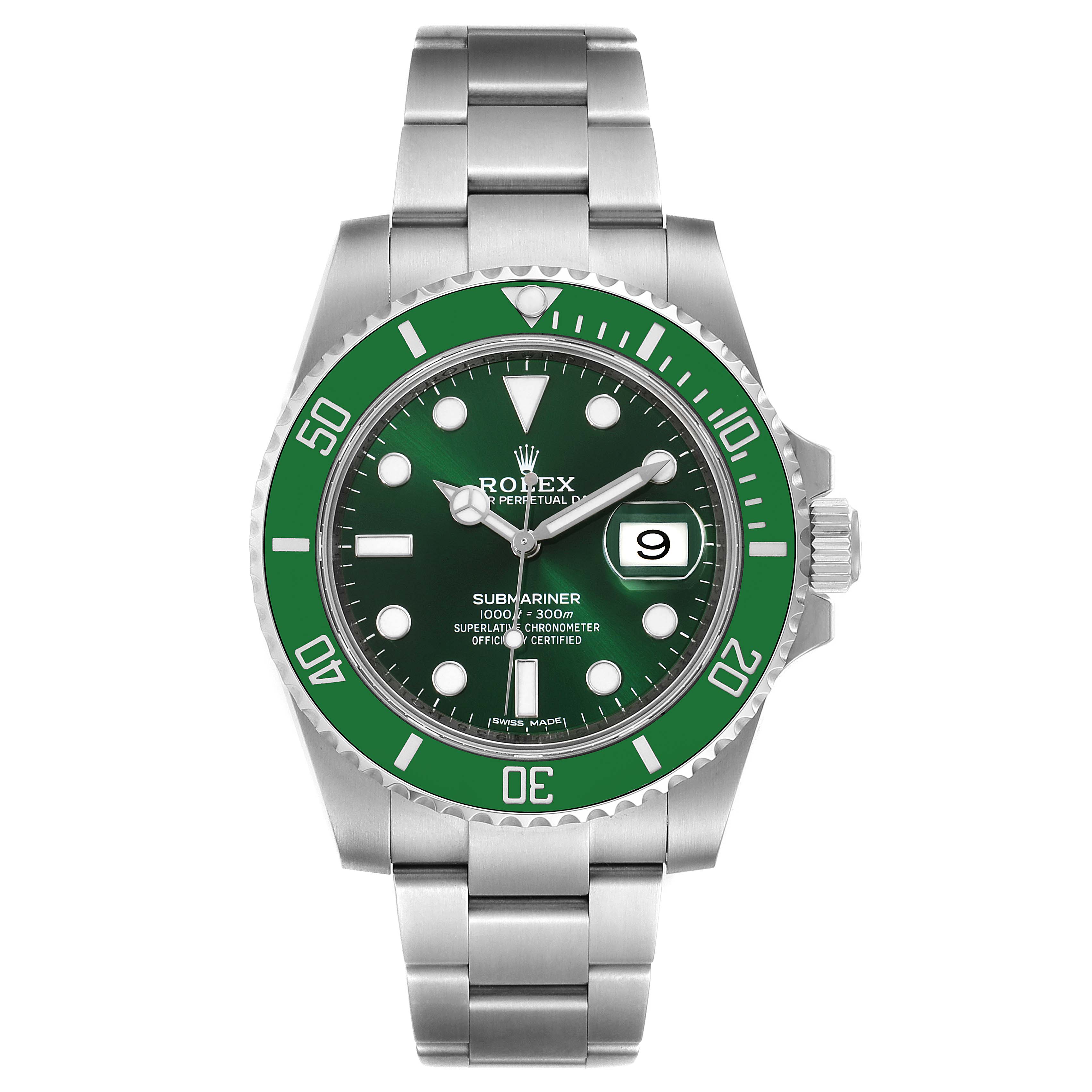 The image shows a front view of a Rolex Submariner 116610LV Men
s Stainless Steel Green Dial 116610LV Men
s Stainless Steel Green Dial watch, displaying the green bezel, dial, bracelet, and date window.