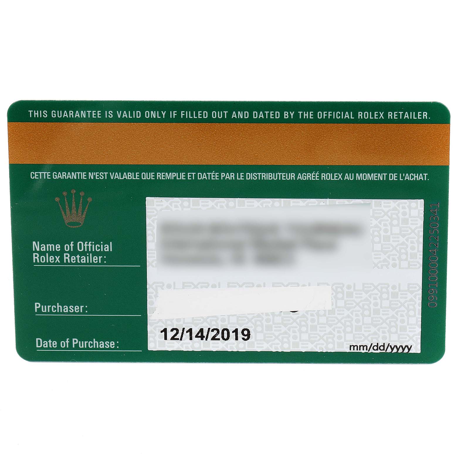 The image shows a warranty card for a Rolex Submariner 116610LV Men
s Stainless Steel Green Dial 116610LV Men
s Stainless Steel Green Dial, itemizing retailer, purchaser, and purchase date details.