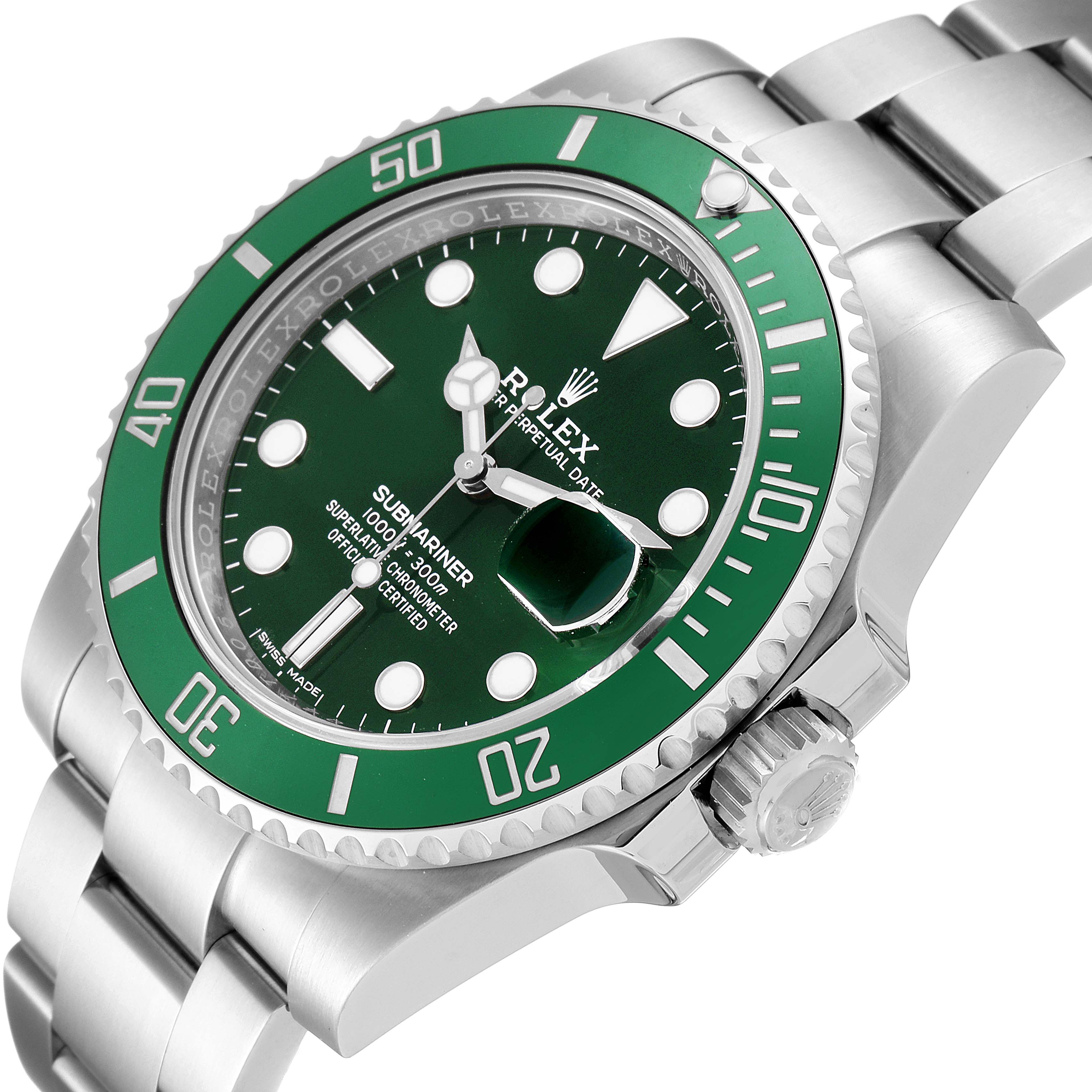 The image shows a Rolex Submariner 116610LV Men
s Stainless Steel Green Dial 116610LV Men
s Stainless Steel Green Dial watch angled from the top right, highlighting the green bezel, dial, and stainless steel bracelet.