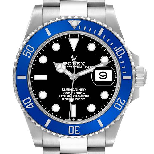 The Rolex Submariner 126619 Mens White Gold Black Dial watch is shown from the front, highlighting its blue bezel, black dial, indices, hands, and date window.