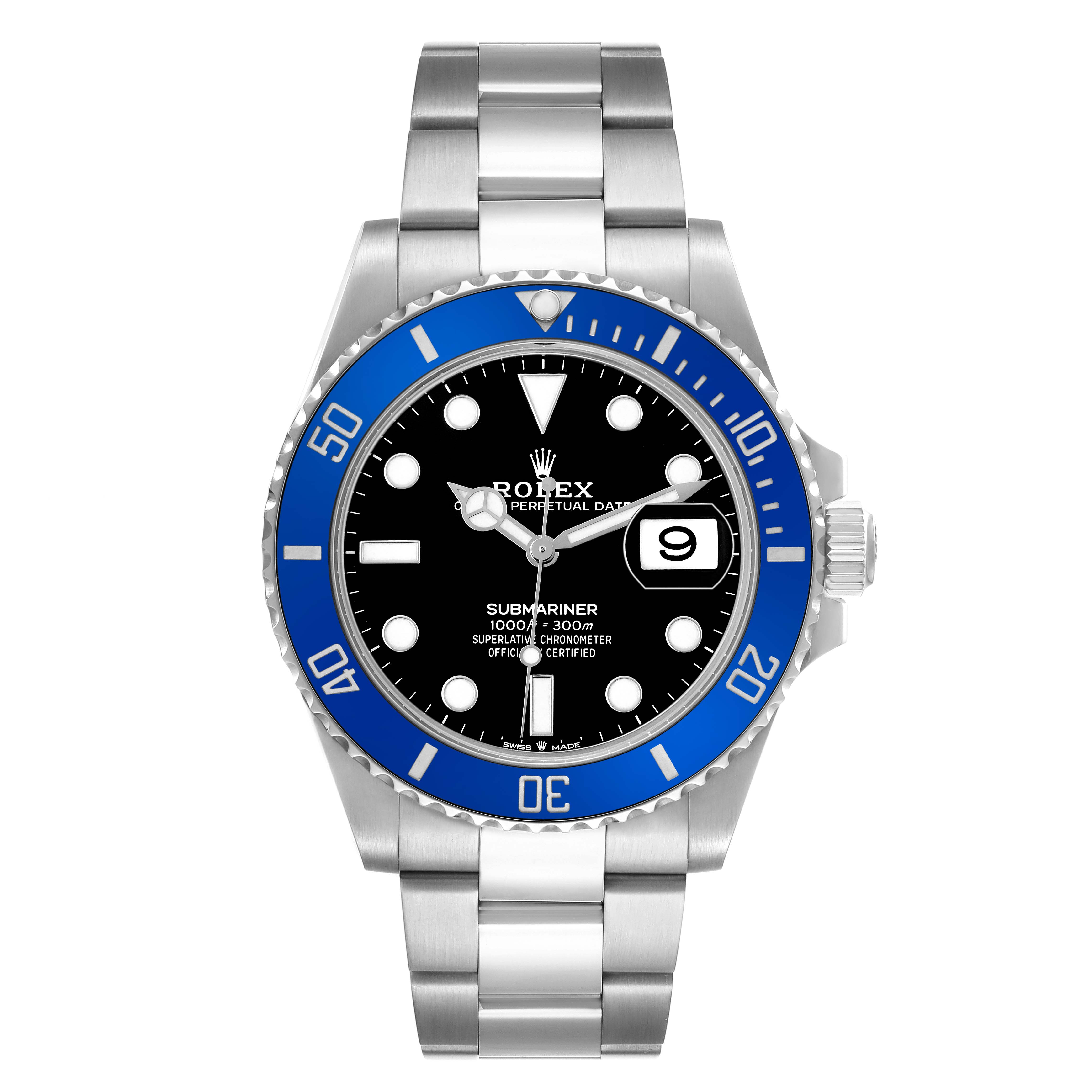 The Rolex Submariner 126619 Men's White Gold Black Dial is shown from a front angle, displaying the bezel, dial, hands, bracelet, and date window.