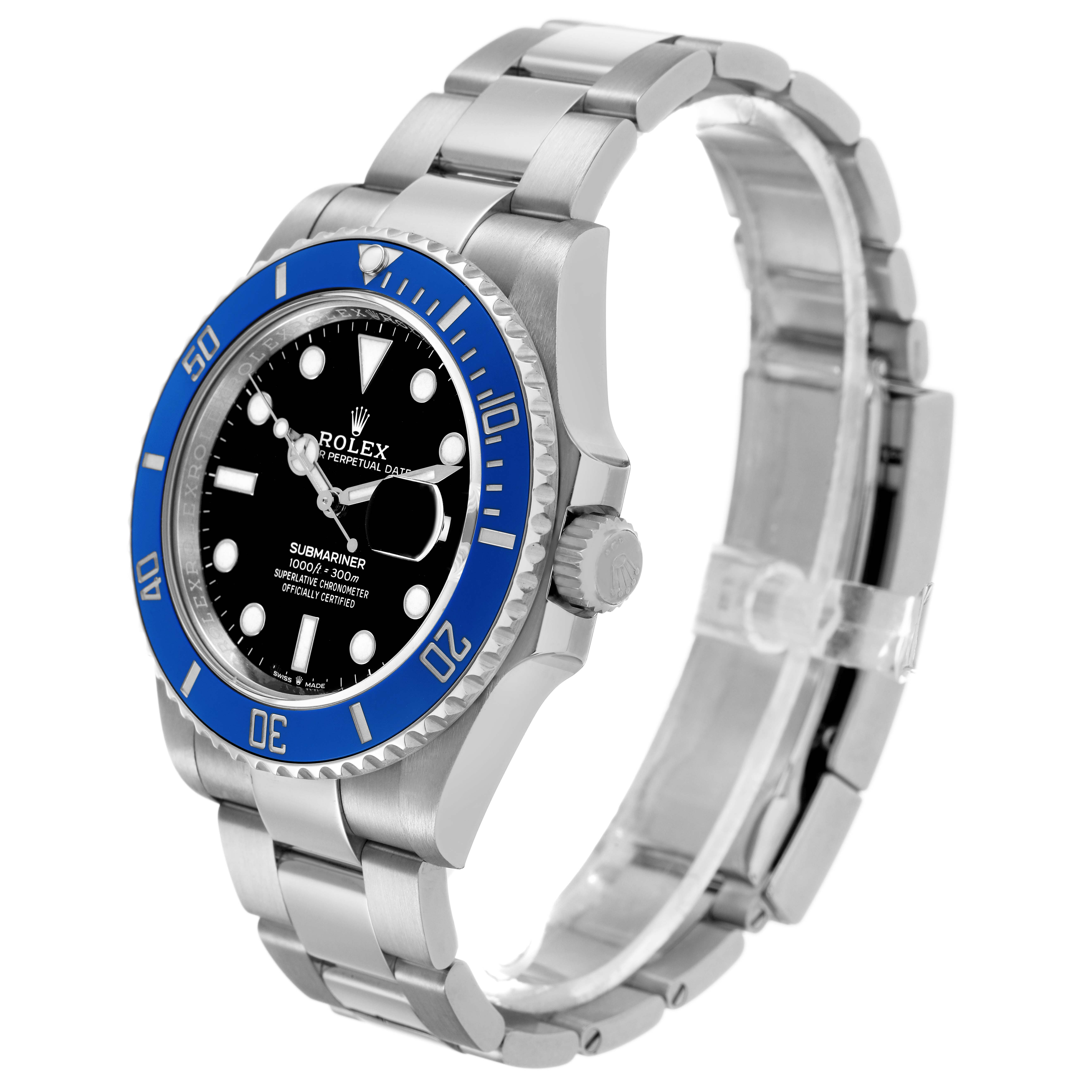 The Rolex Submariner 126619 Men's White Gold Black Dial watch is shown at an angled view, revealing the bezel, dial, bracelet, and crown.