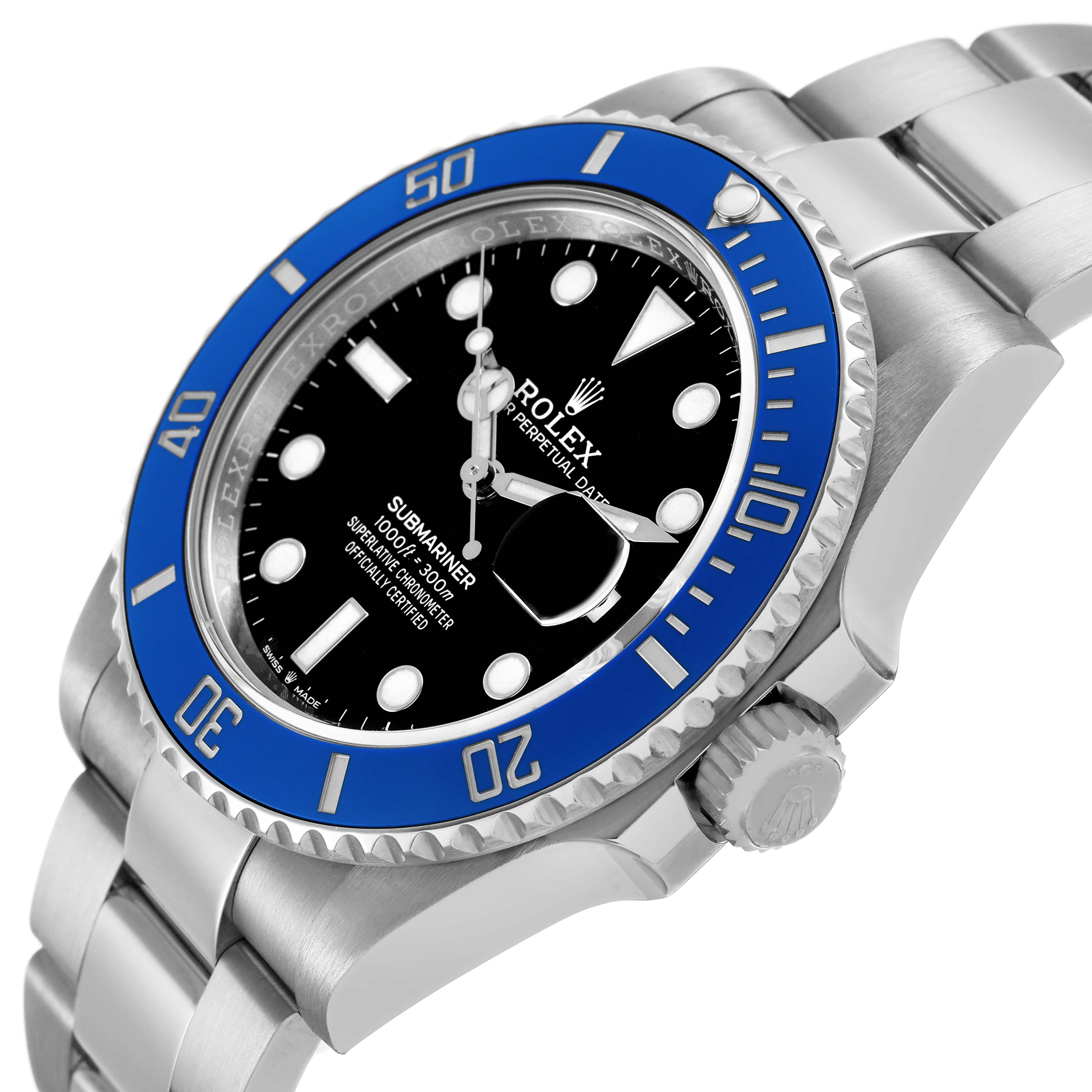The image shows a Rolex Submariner 126619 Men's White Gold Black Dial watch at a slight angle, highlighting the blue bezel, black dial, and bracelet.