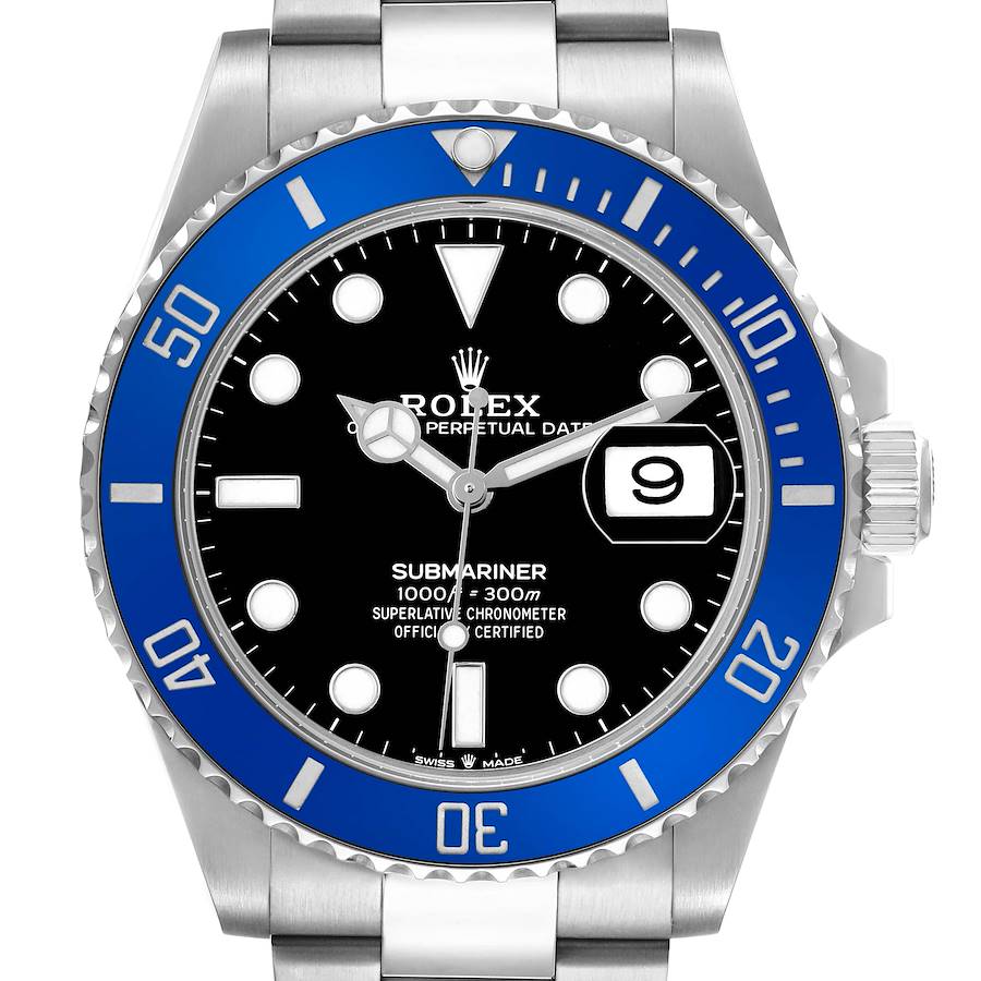 The Rolex Submariner 126619 Men's White Gold Black Dial watch is shown from a front angle, highlighting its bezel, dial, hands, and date window.