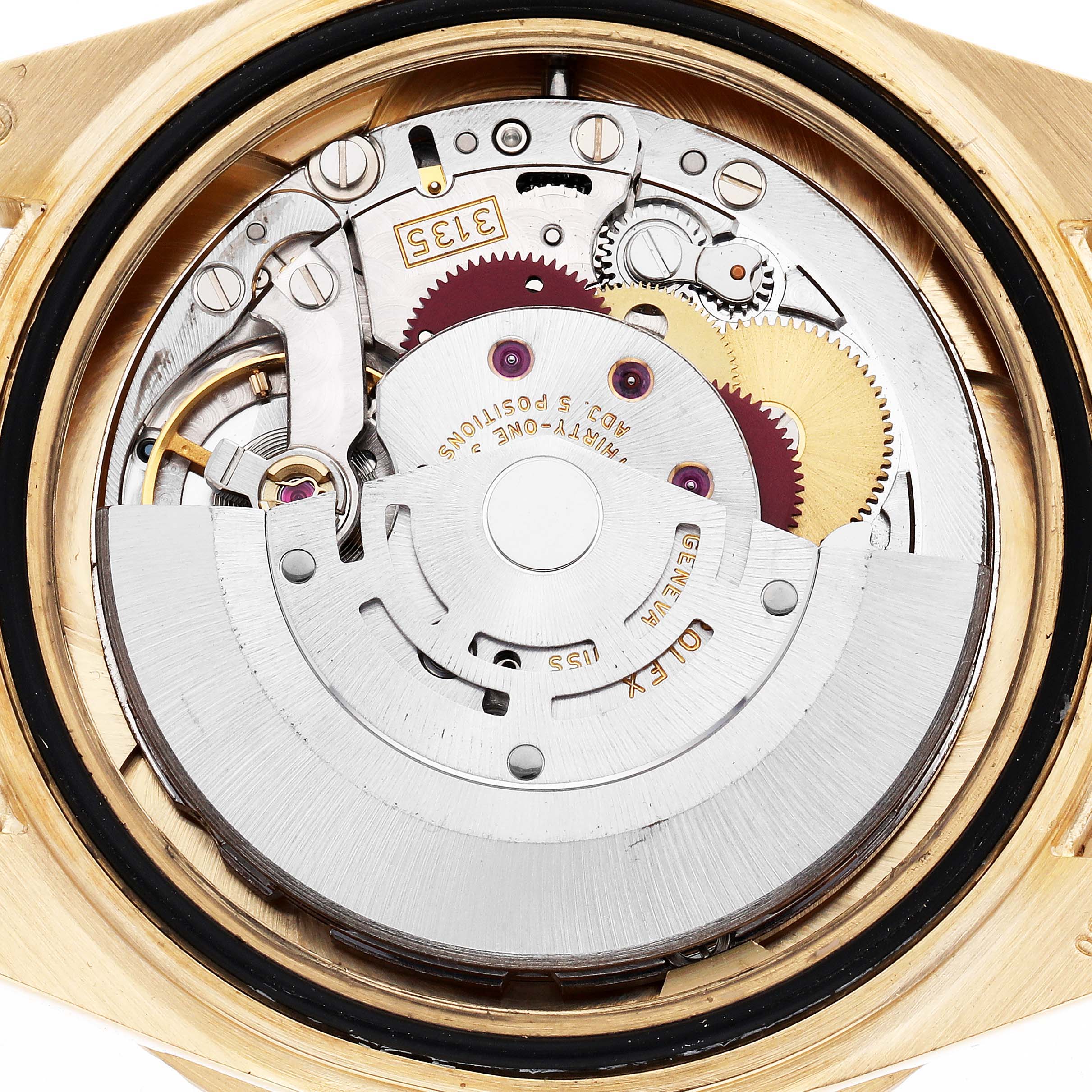 The image shows the intricate movement mechanism of a Rolex Submariner 16618 Men's Yellow Gold Blue Dial 16618 Men's Yellow Gold Blue Dial watch from a top-down angle.