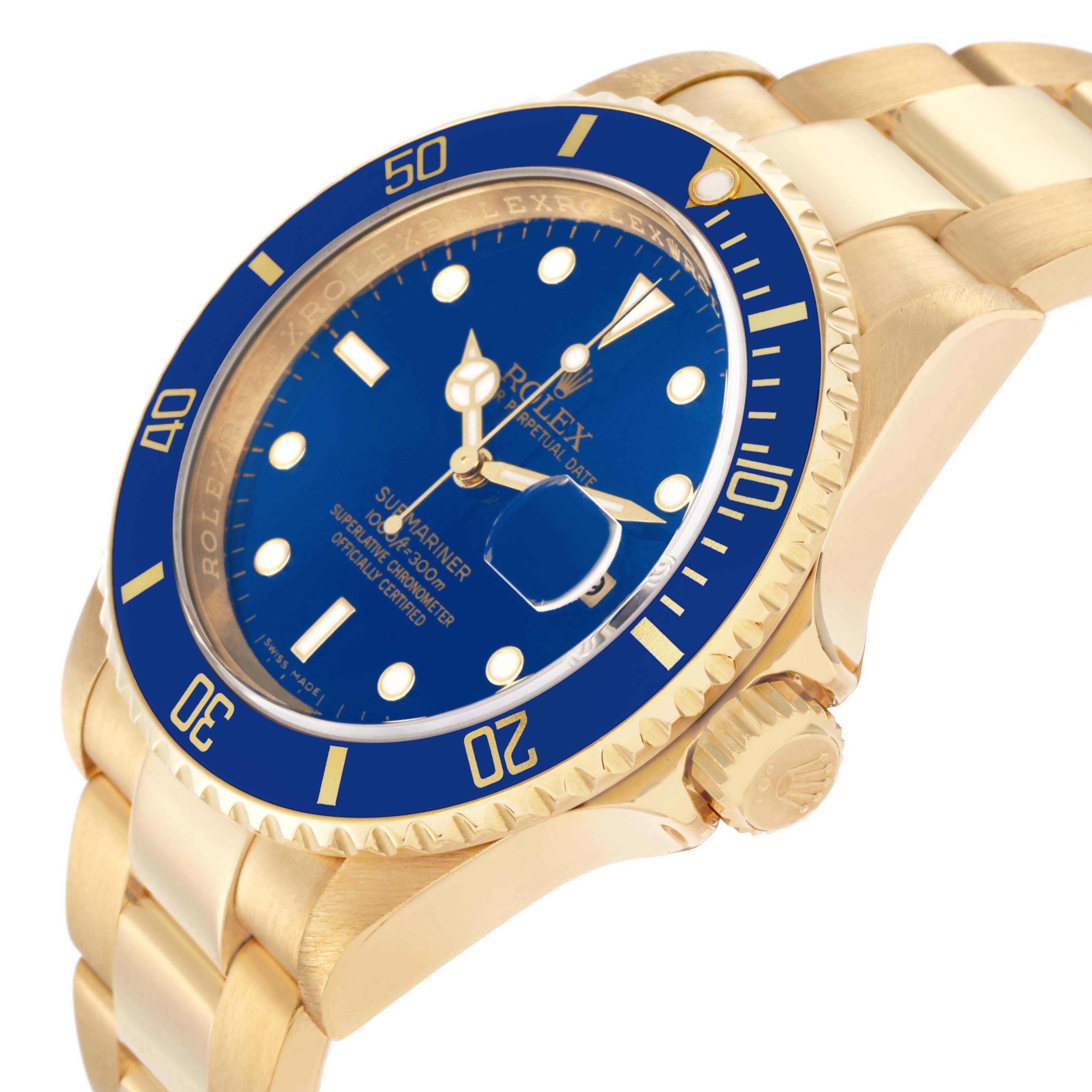 The Rolex Submariner 16618 Men's Yellow Gold Blue Dial 16618 Men's Yellow Gold Blue Dial watch is shown at an oblique angle, displaying the blue bezel, dial, crown, and bracelet links.