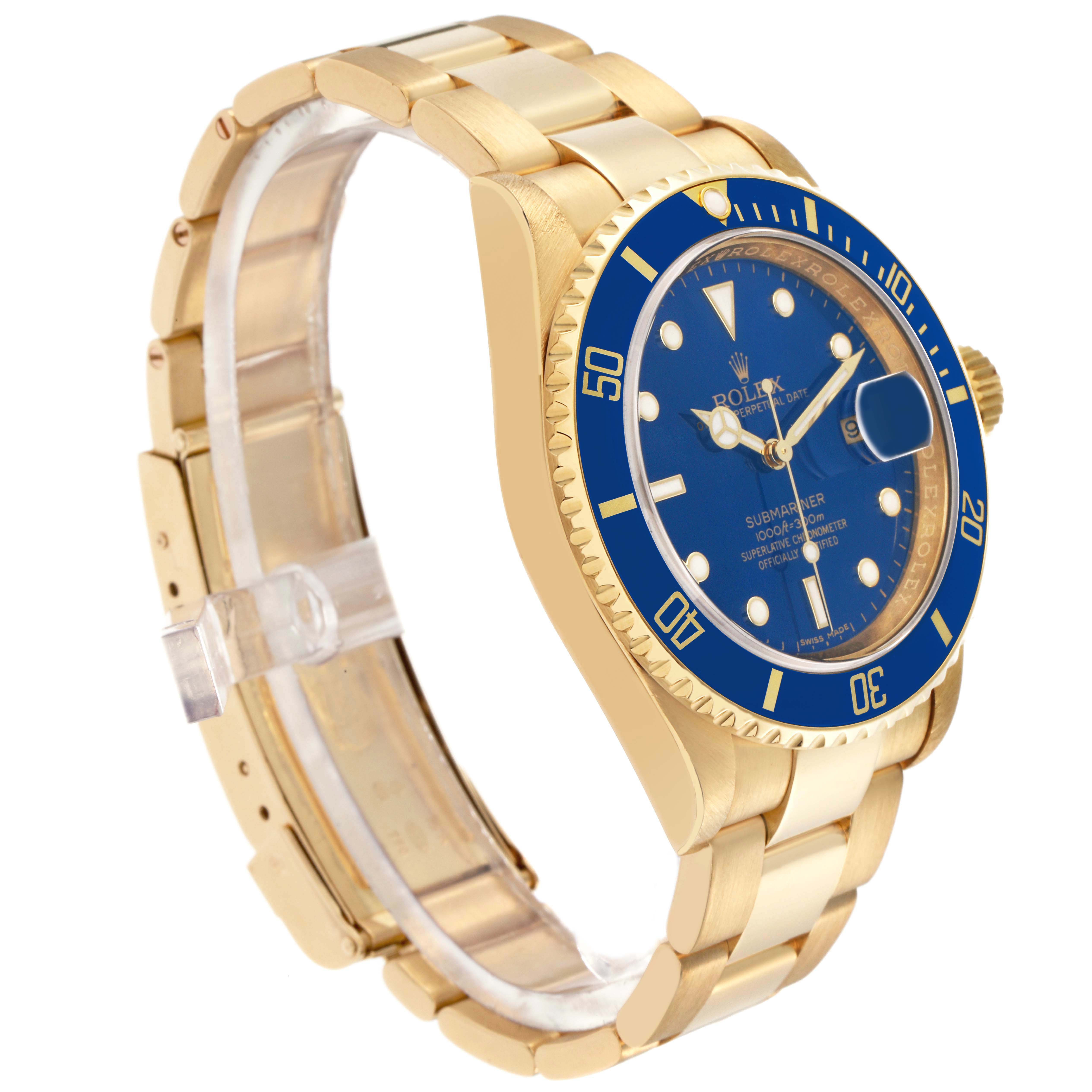 The Rolex Submariner 16618 Men's Yellow Gold Blue Dial 16618 Men's Yellow Gold Blue Dial watch is shown at a three-quarter angle, highlighting the dial, bezel, crown, and bracelet.