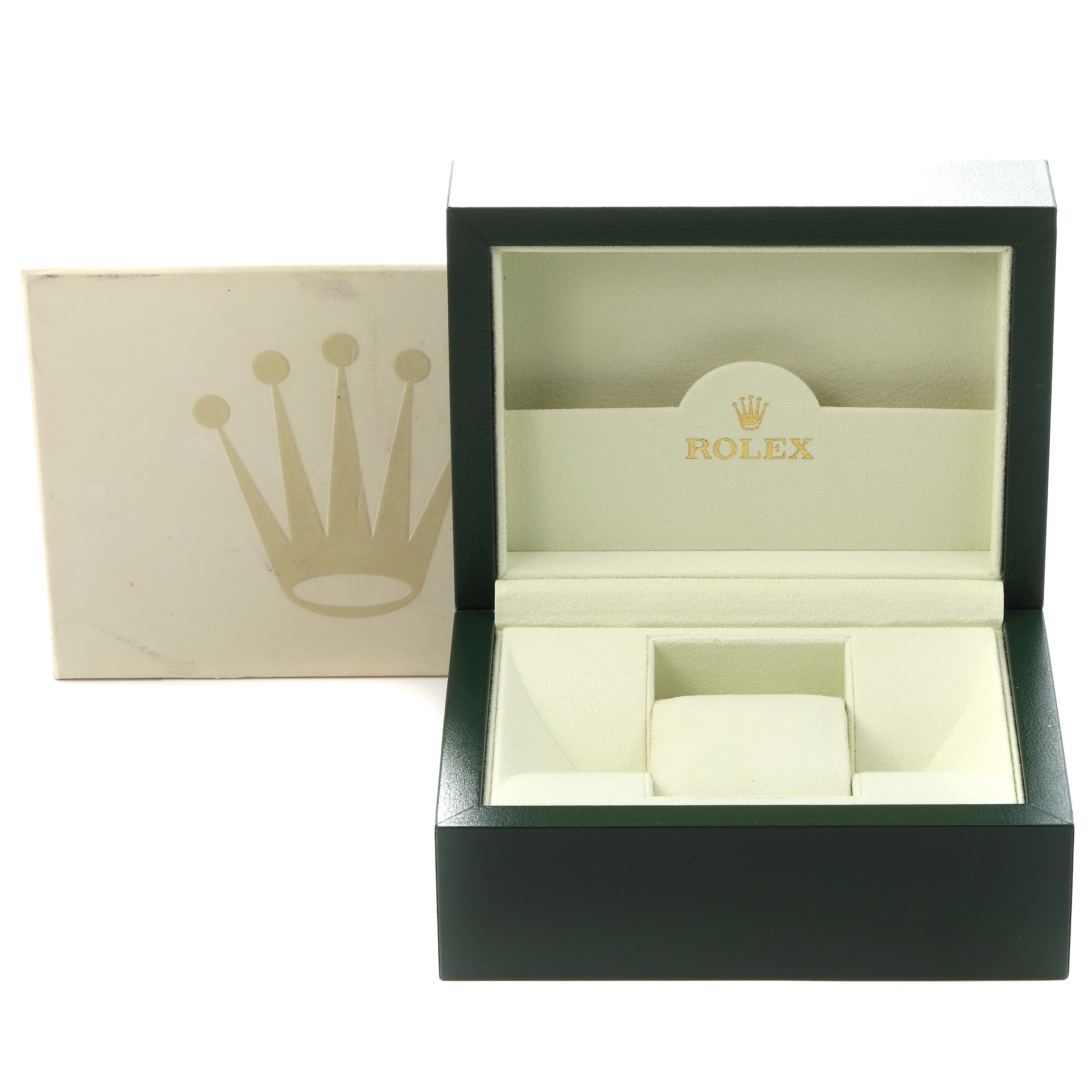 The image shows an open Rolex Submariner 16618 Men's Yellow Gold Blue Dial 16618 Men's Yellow Gold Blue Dial watch box with the exterior sleeve featuring the Rolex crown logo.