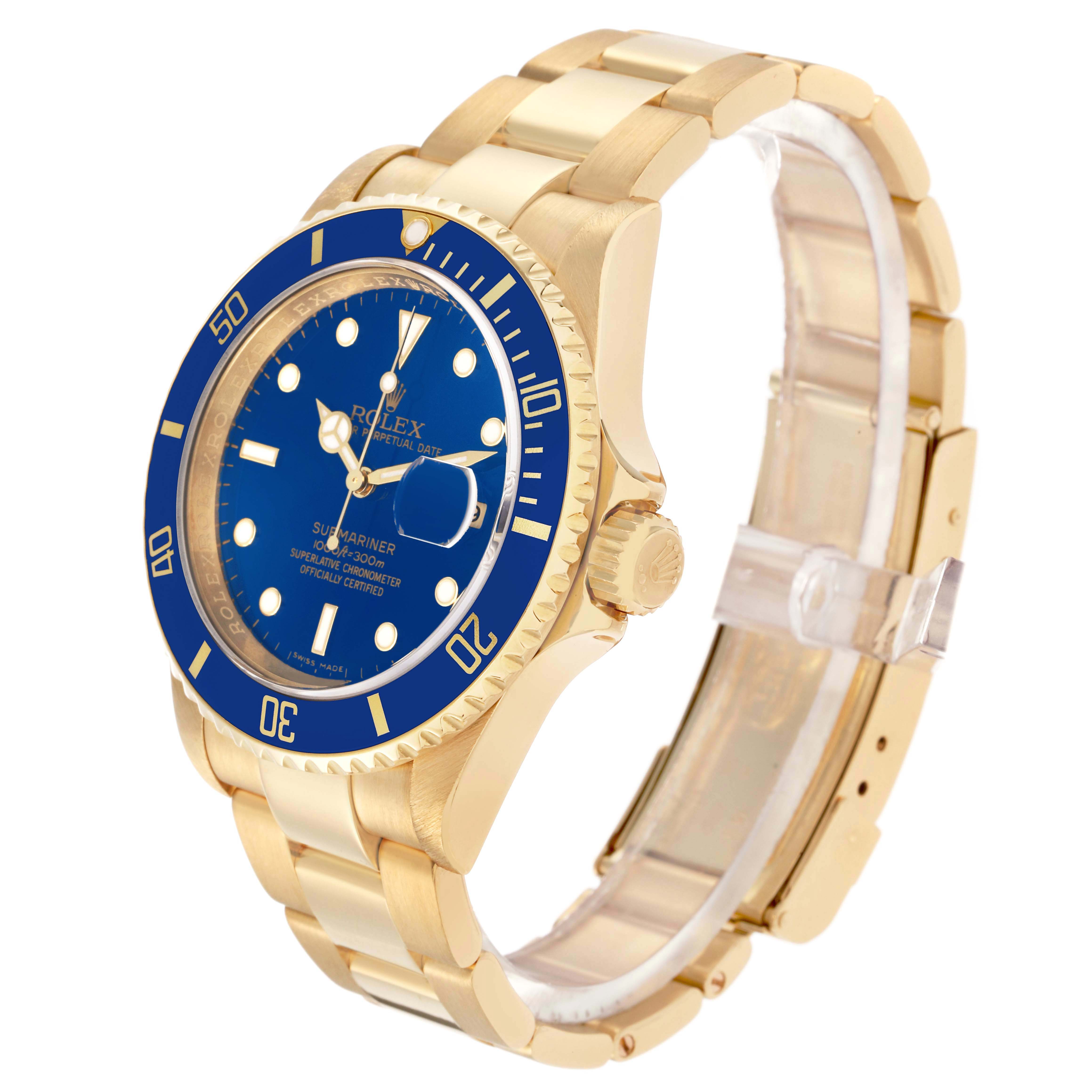 The Rolex Submariner 16618 Men's Yellow Gold Blue Dial 16618 Men's Yellow Gold Blue Dial watch is shown at a three-quarter angle, displaying the face, bezel, crown, and bracelet.