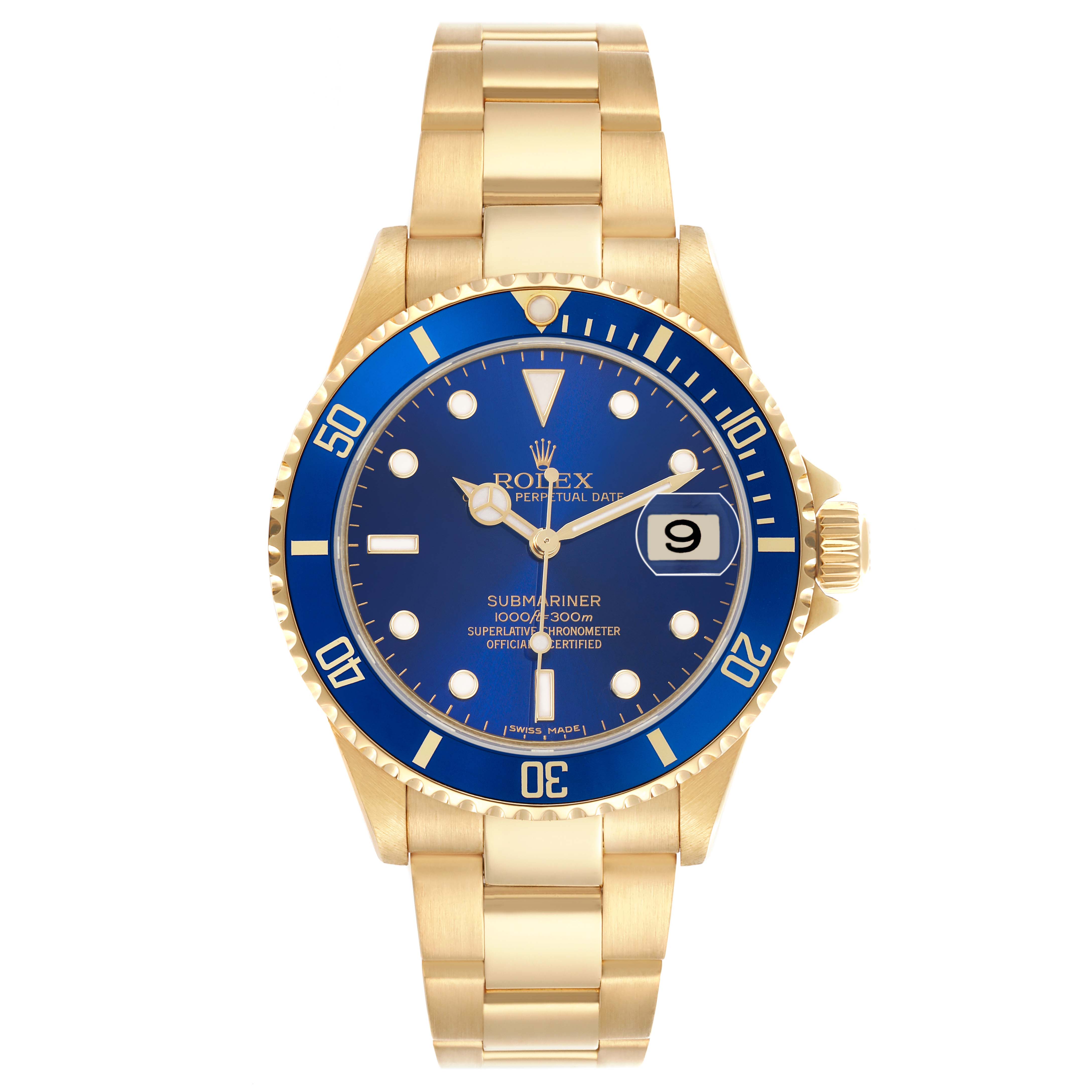 The Rolex Submariner 16618 Men's Yellow Gold Blue Dial 16618 Men's Yellow Gold Blue Dial is shown from a front angle, displaying its blue dial, gold bracelet, and bezel.
