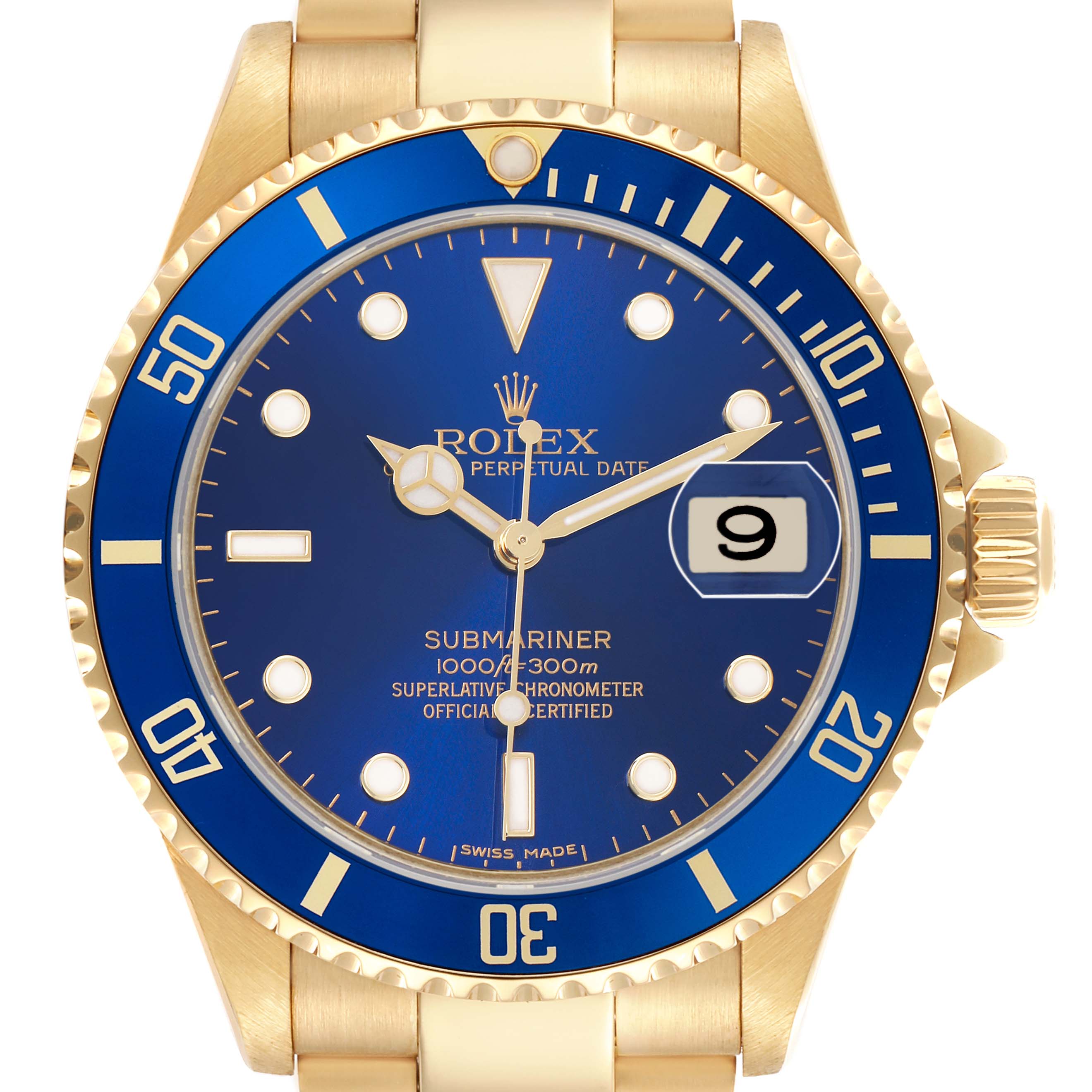 The Rolex Submariner 16618 Men's Yellow Gold Blue Dial 16618 Men's Yellow Gold Blue Dial watch is shown from the front, highlighting its blue dial, bezel, and gold bracelet.