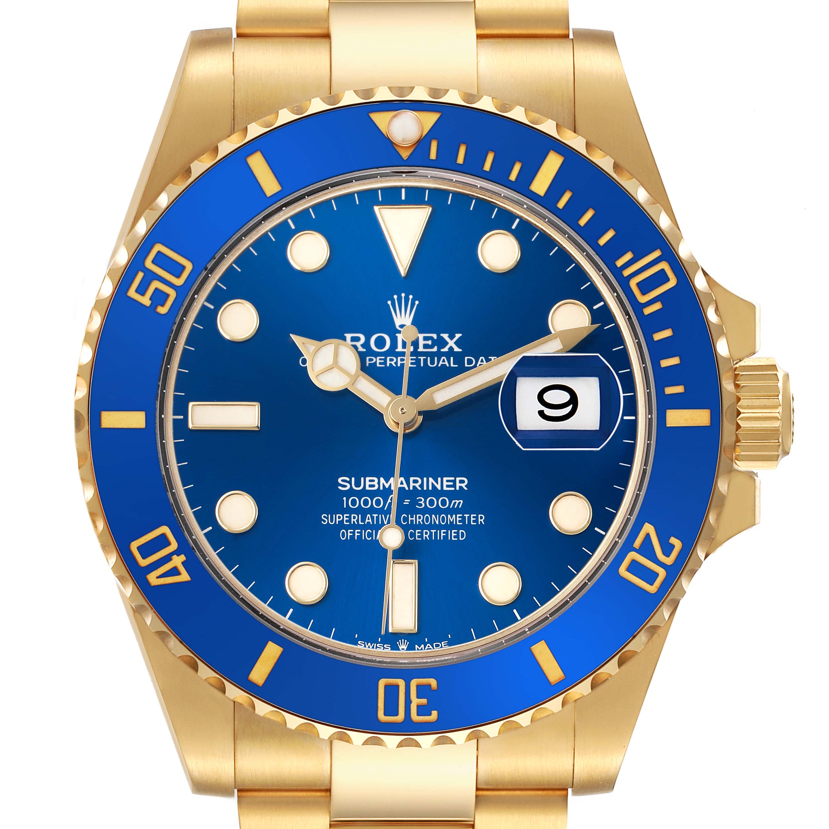 The Rolex Submariner 126618LB Men's Yellow Gold Blue Dial watch is shown from the front, displaying the blue dial, bezel, and gold bracelet.