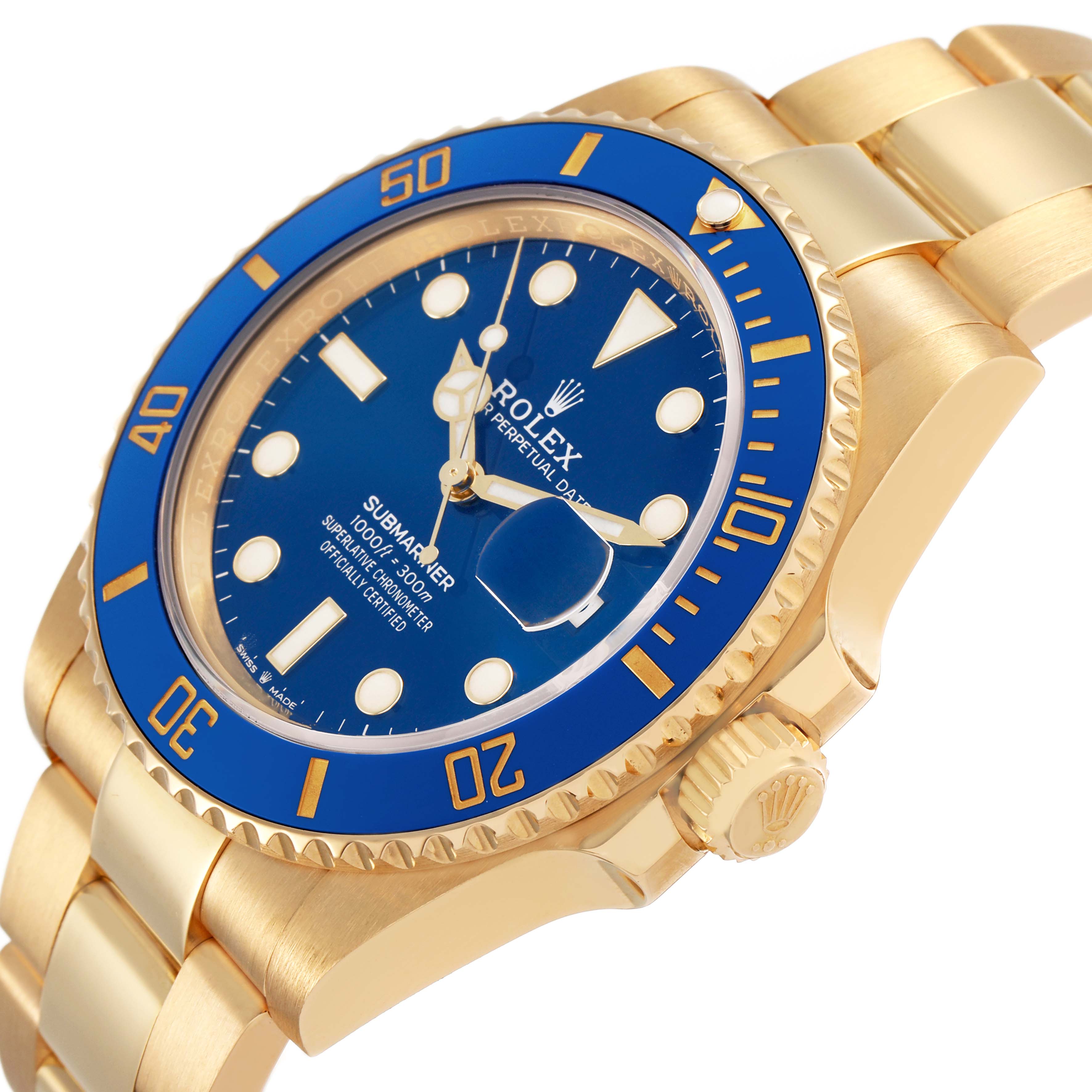 The Rolex Submariner 126618LB Men's Yellow Gold Blue Dial watch is shown at an angle highlighting the blue dial, bezel, crown, and part of the bracelet.