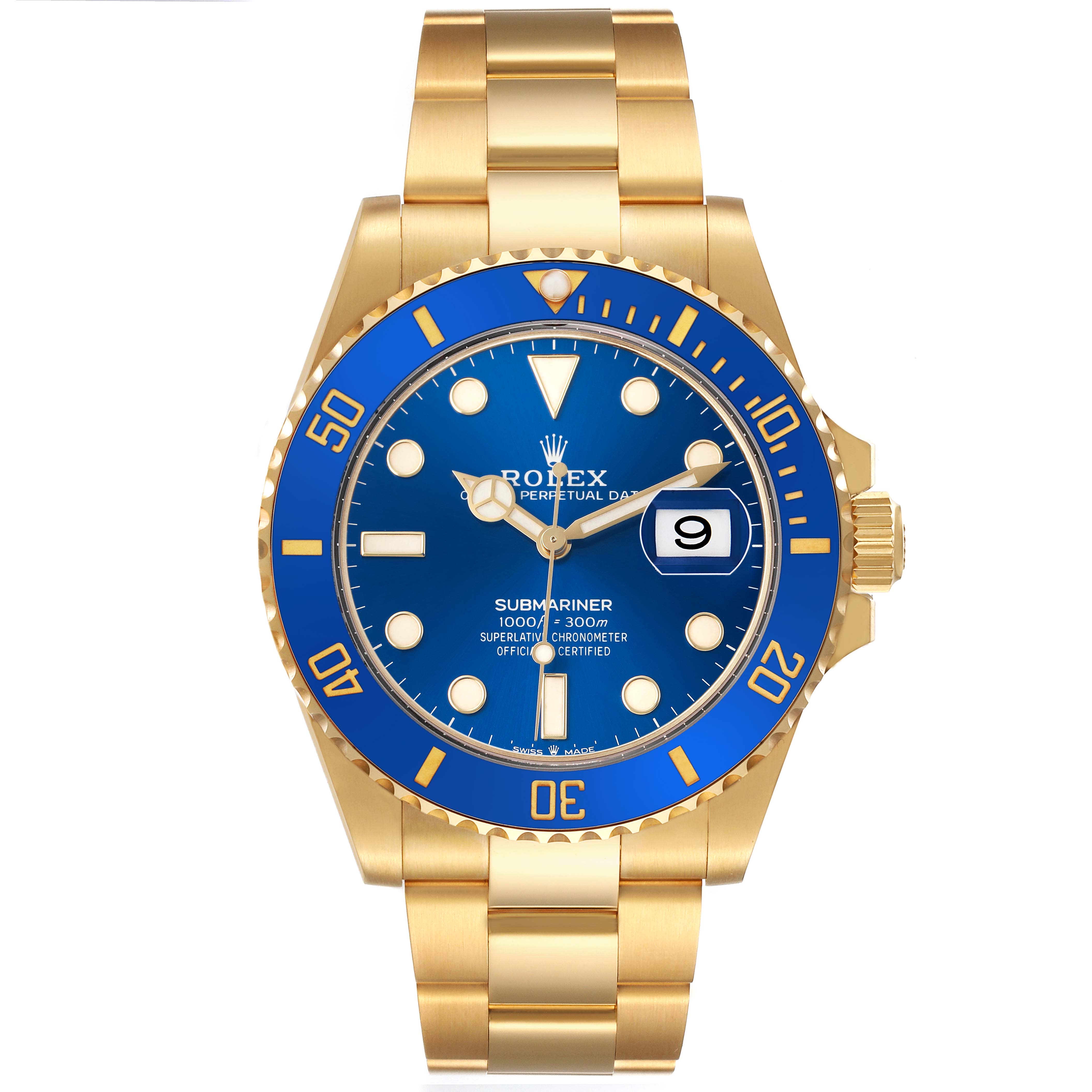 The Rolex Submariner 126618LB Men's Yellow Gold Blue Dial watch is shown from a front angle, displaying the dial, bezel, and bracelet.