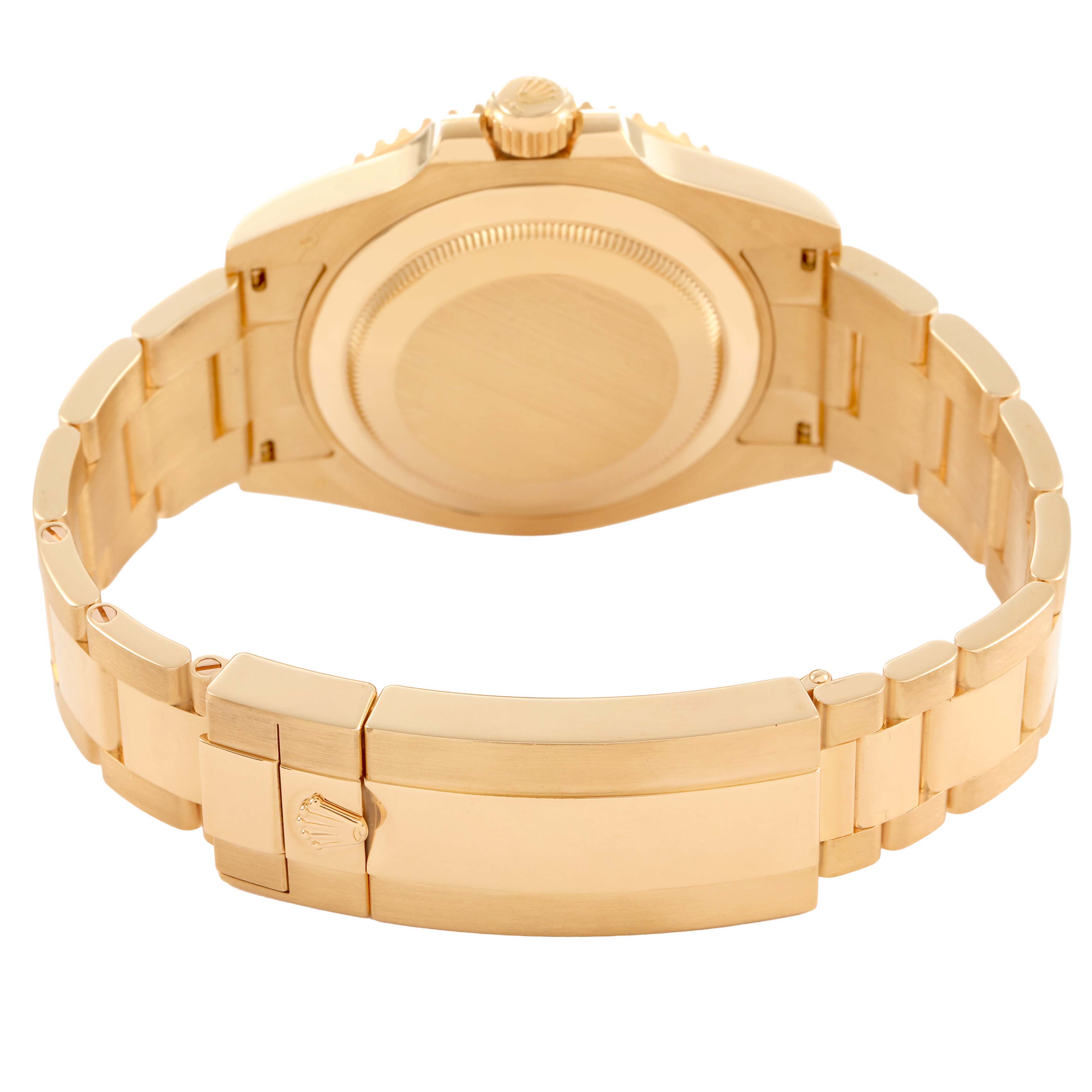 The Rolex Submariner 126618LB Men's Yellow Gold Blue Dial watch is shown from the rear, highlighting the gold case back, bracelet, and clasp.