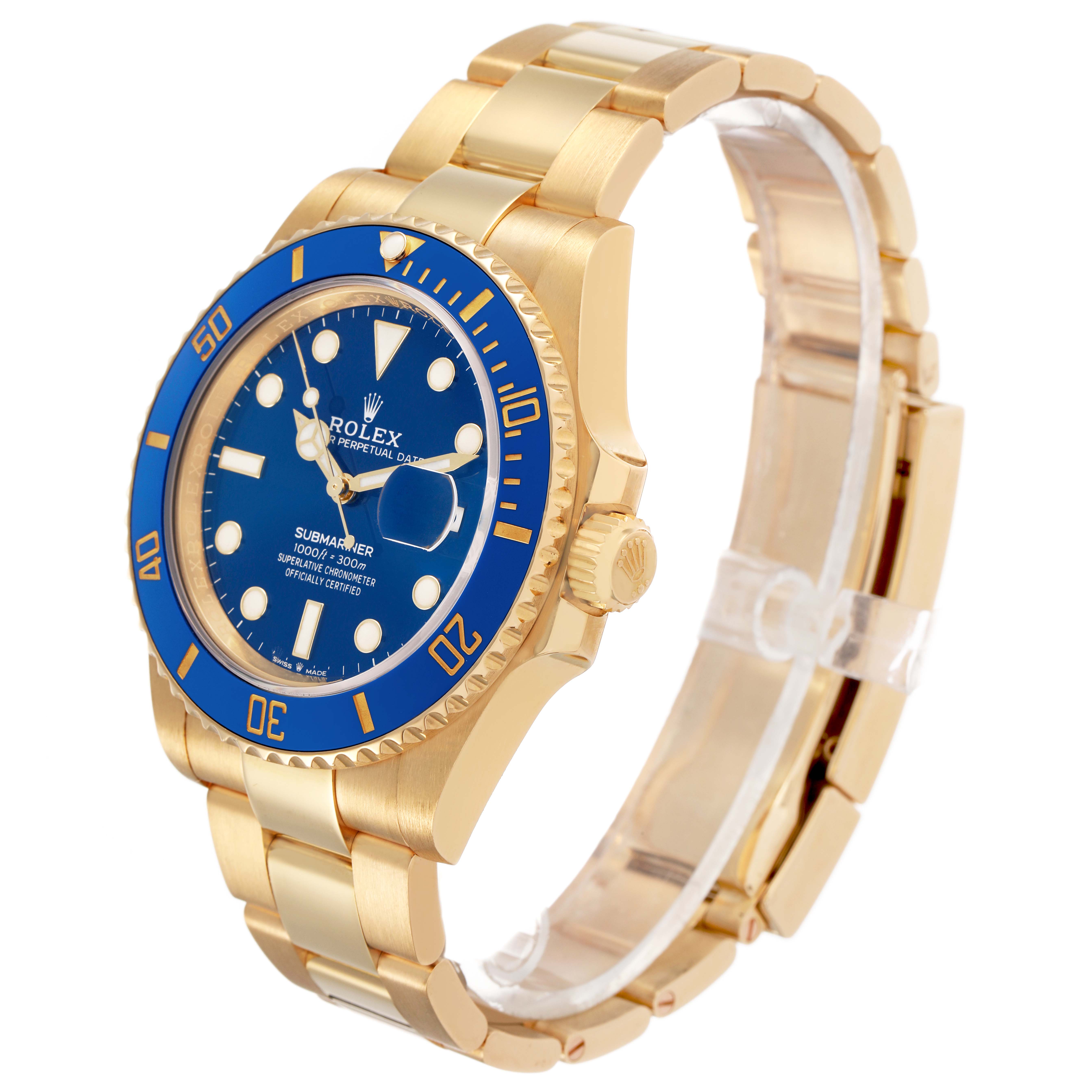 The Rolex Submariner 126618LB Men's Yellow Gold Blue Dial watch is shown at a three-quarter angle, highlighting the blue dial, bezel, bracelet, and crown.