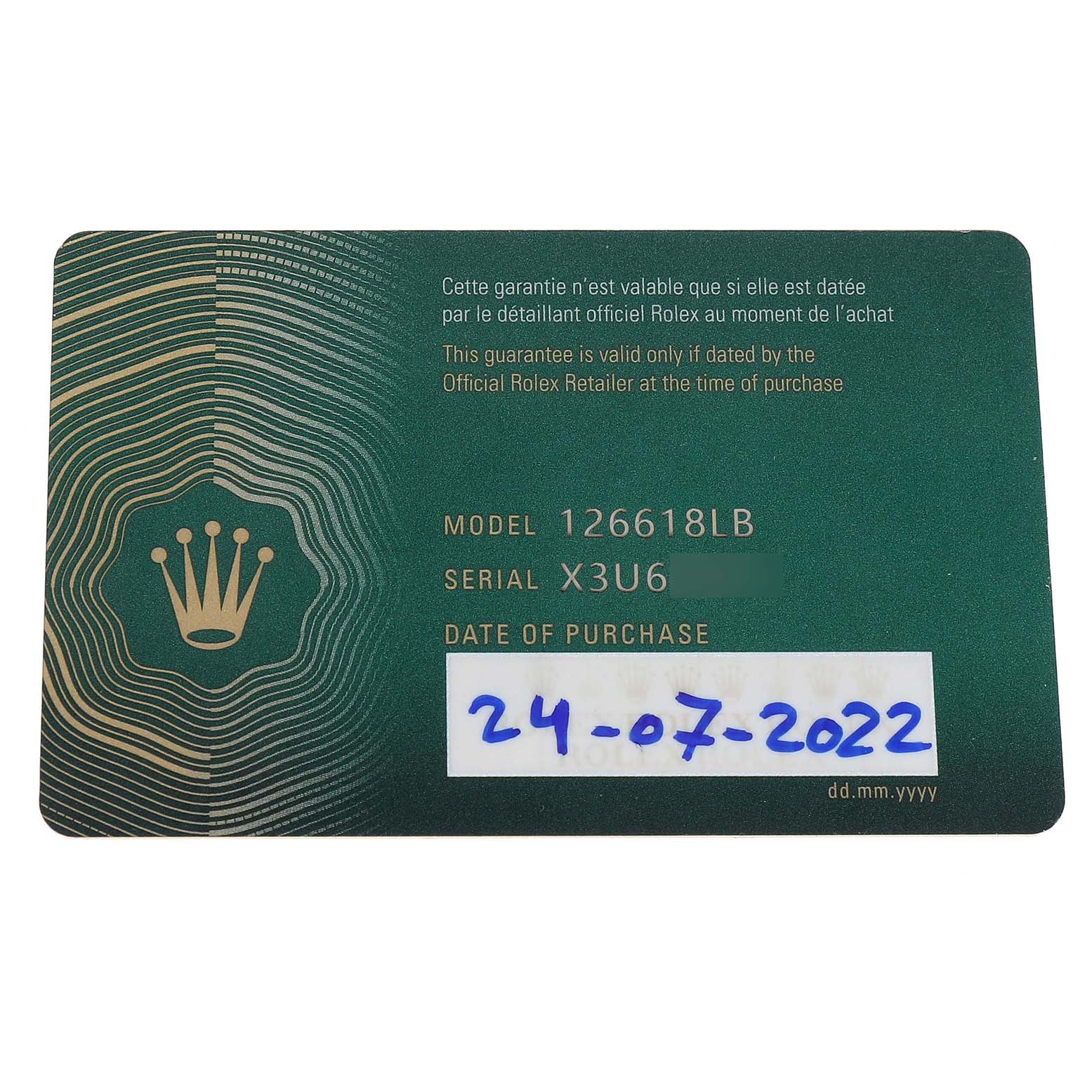 The image shows a warranty card for a Rolex Submariner 126618LB Men's Yellow Gold Blue Dial, model 126618LB, with serial number and purchase date details.