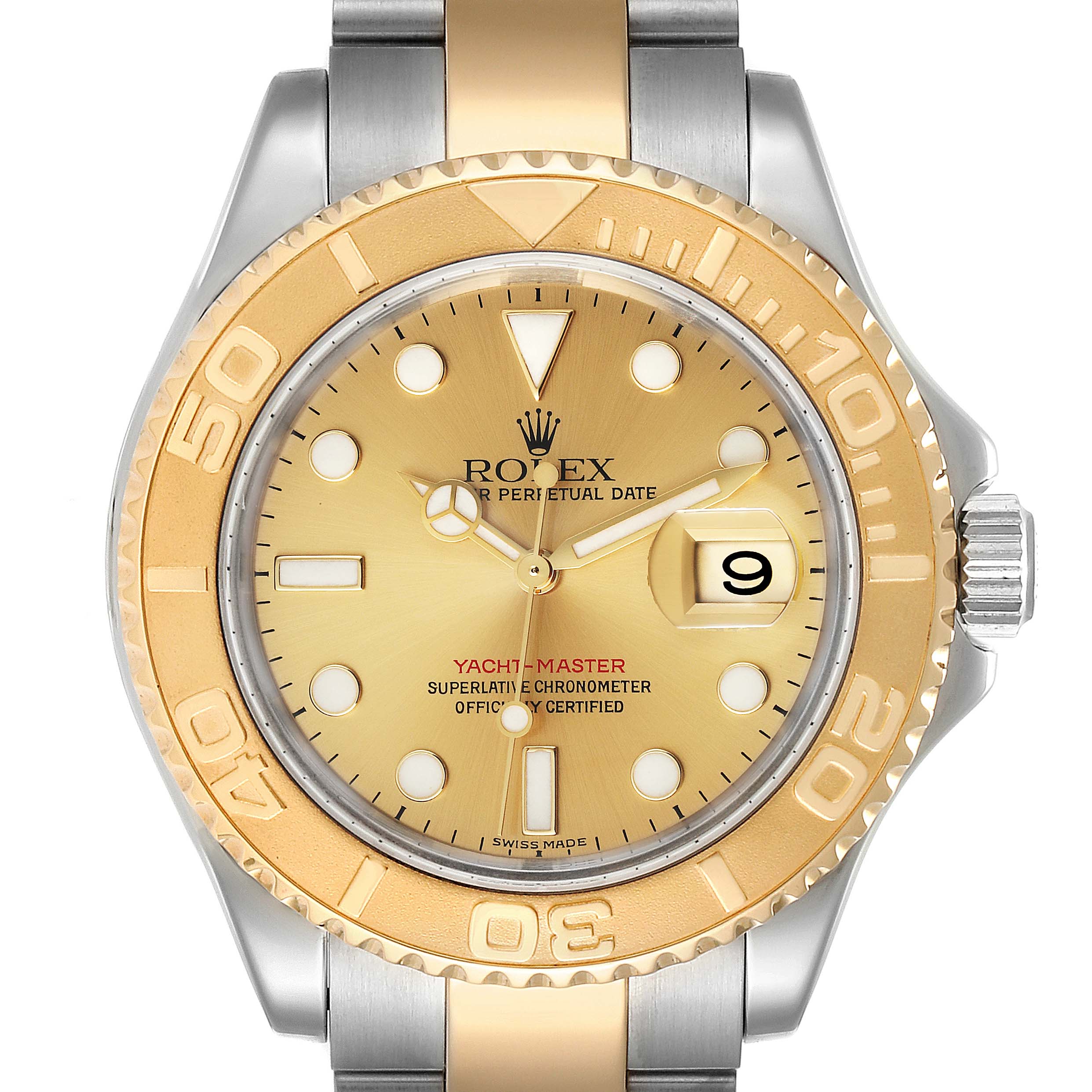 The image shows a front view of the Rolex Yacht-Master 16623 Men
s Steel and Gold (two tone) Champagne Dial 16623 Men
s Steel and Gold (two tone) Champagne Dial watch, highlighting the bezel, dial, hands, markers, and crown.