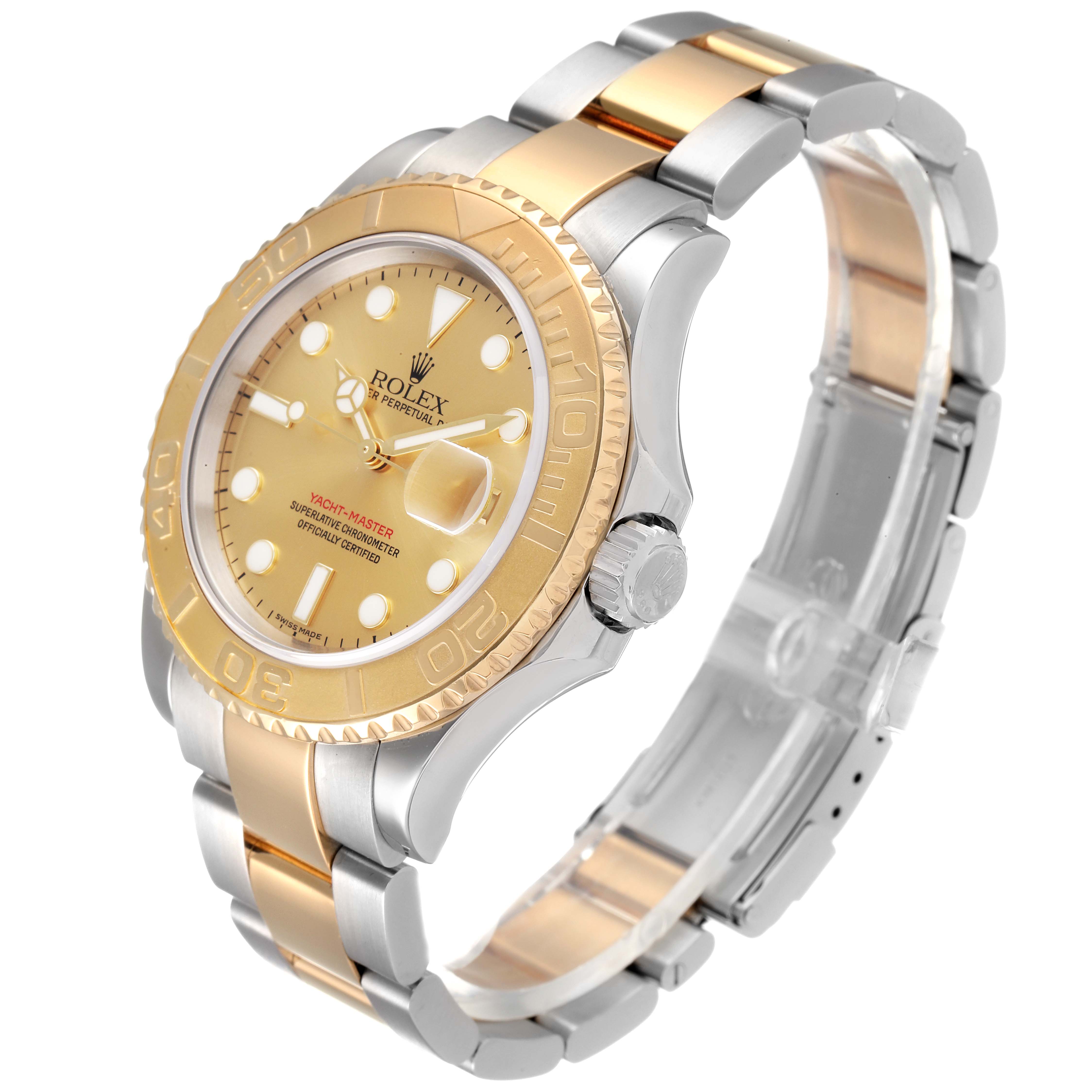 The Rolex Yacht-Master 16623 Men
s Steel and Gold (two tone) Champagne Dial 16623 Men
s Steel and Gold (two tone) Champagne Dial watch is shown from a slightly angled side view, featuring the dial, bezel, and bracelet.