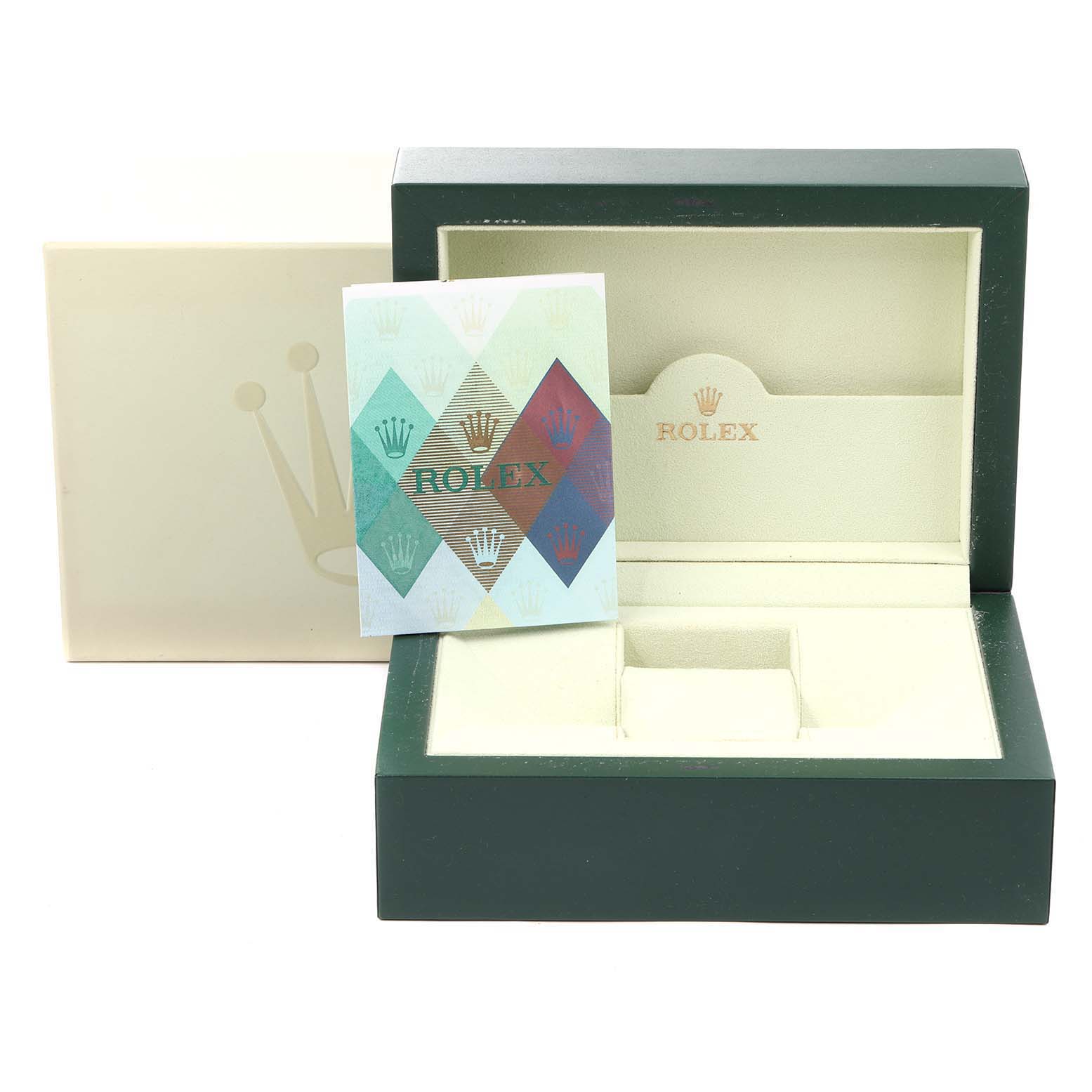 The image shows an open Rolex Yacht-Master 16623 Men
s Steel and Gold (two tone) Champagne Dial 16623 Men
s Steel and Gold (two tone) Champagne Dial watch box with accompanying paperwork from a front angle.