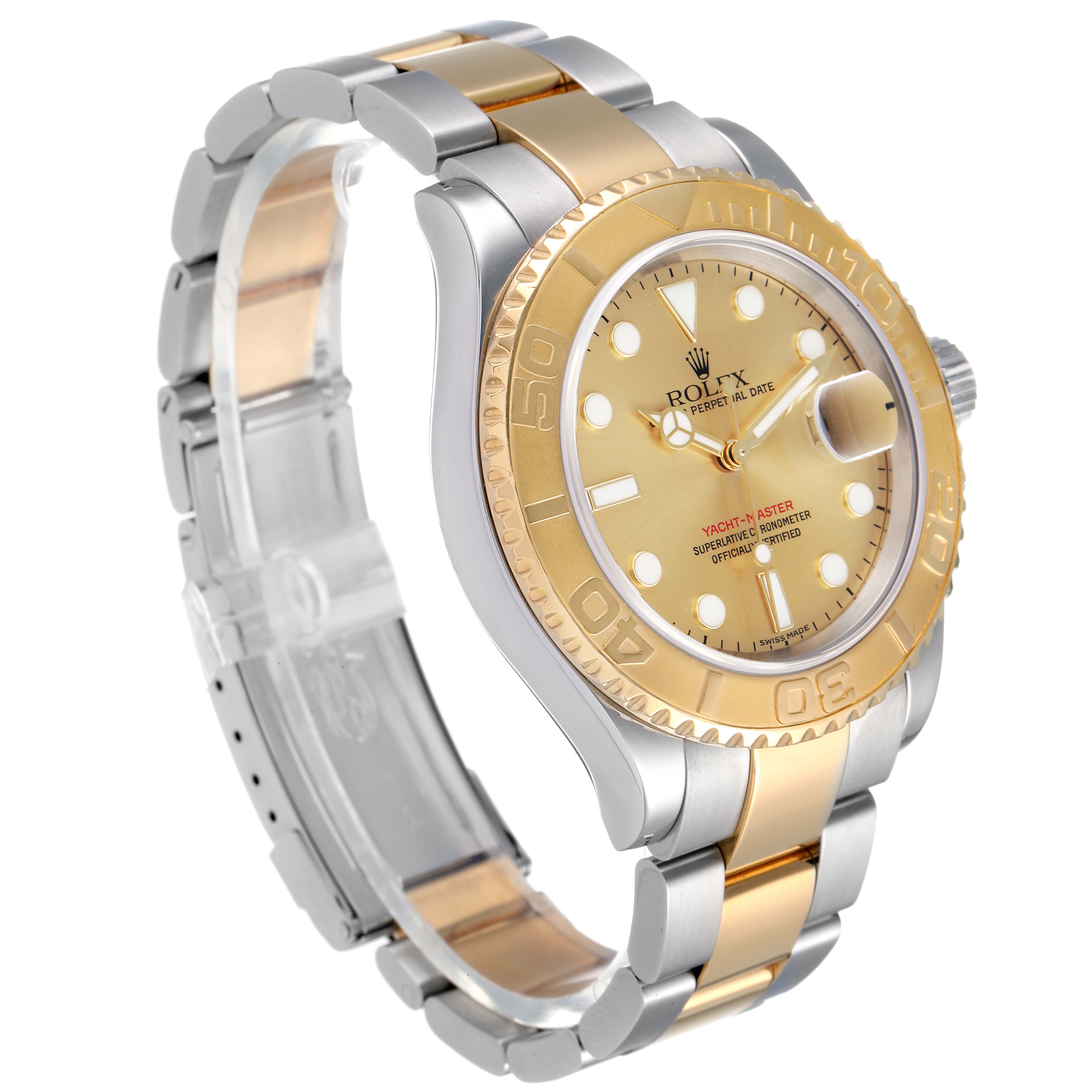 The image shows an angled view of a Rolex Yacht-Master 16623 Men
s Steel and Gold (two tone) Champagne Dial 16623 Men
s Steel and Gold (two tone) Champagne Dial watch highlighting the dial, bezel, and two-tone bracelet.