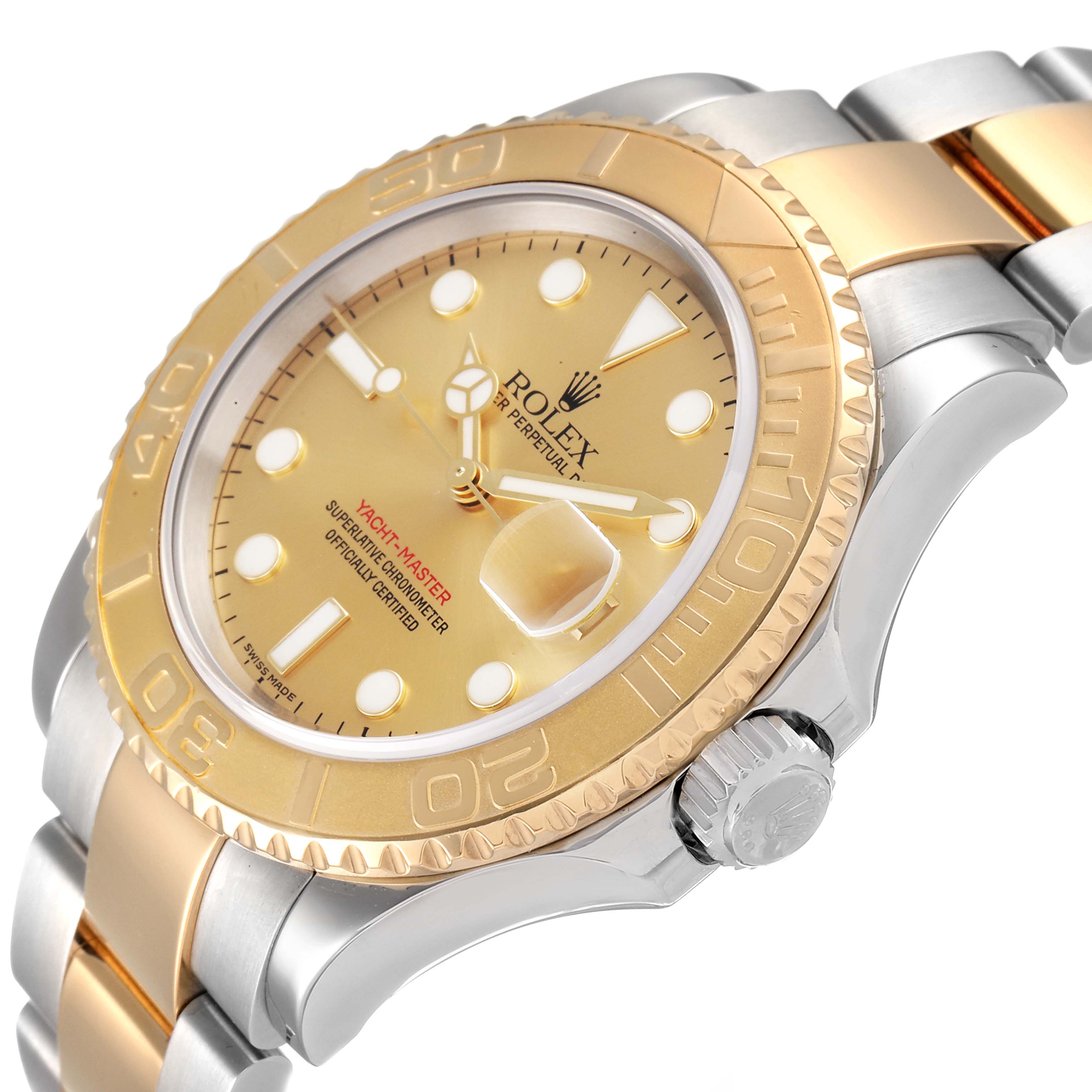 This image shows a Rolex Yacht-Master 16623 Men
s Steel and Gold (two tone) Champagne Dial 16623 Men
s Steel and Gold (two tone) Champagne Dial watch at a slight side angle, highlighting its gold and silver bezel, crown, and dial.