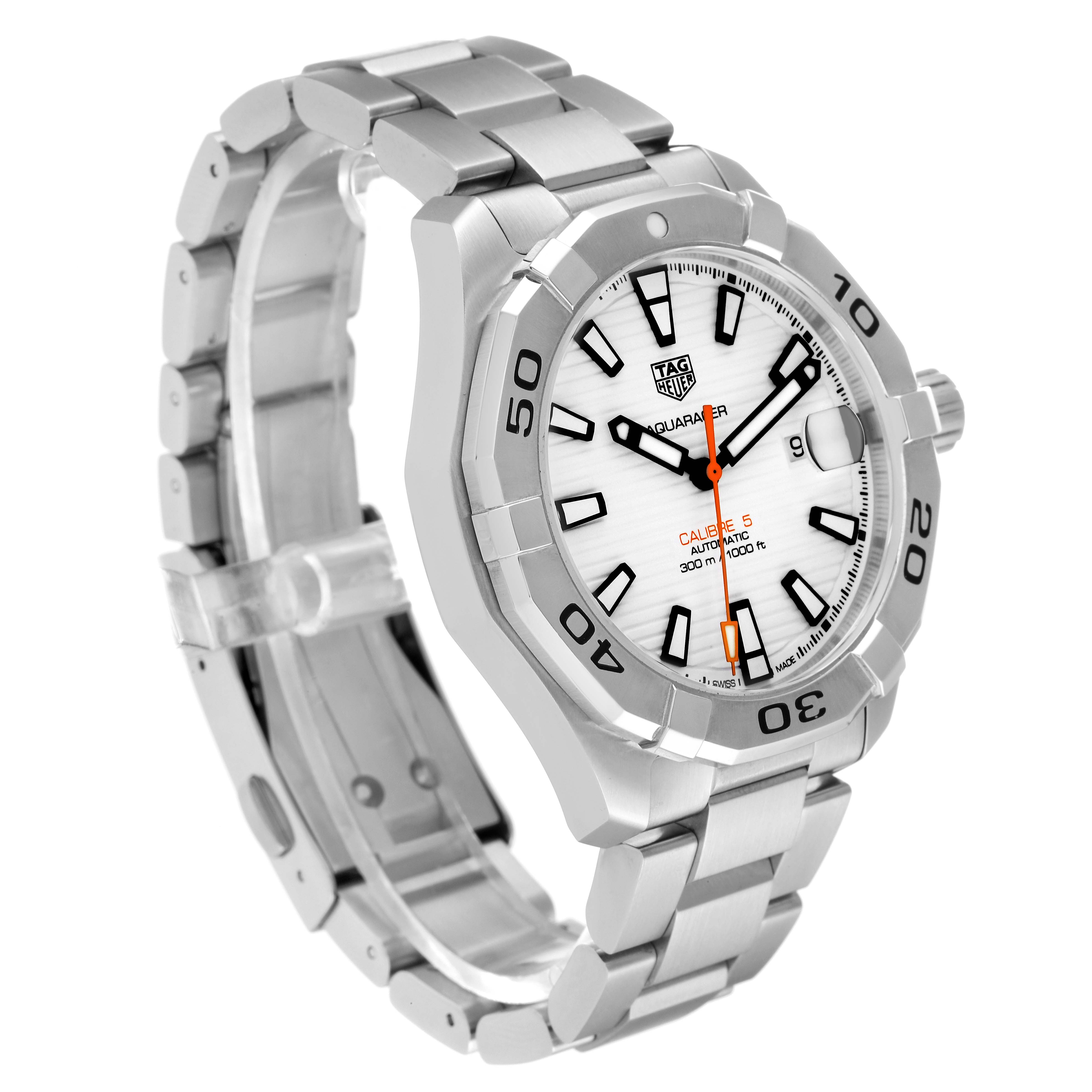 The image shows a side angle of a Tag Heuer Aquaracer WAY2013.BA0927 Men's Stainless Steel White Dial WAY2013.BA0927 Men's Stainless Steel White Dial watch, highlighting its face, bezel, and metal bracelet.