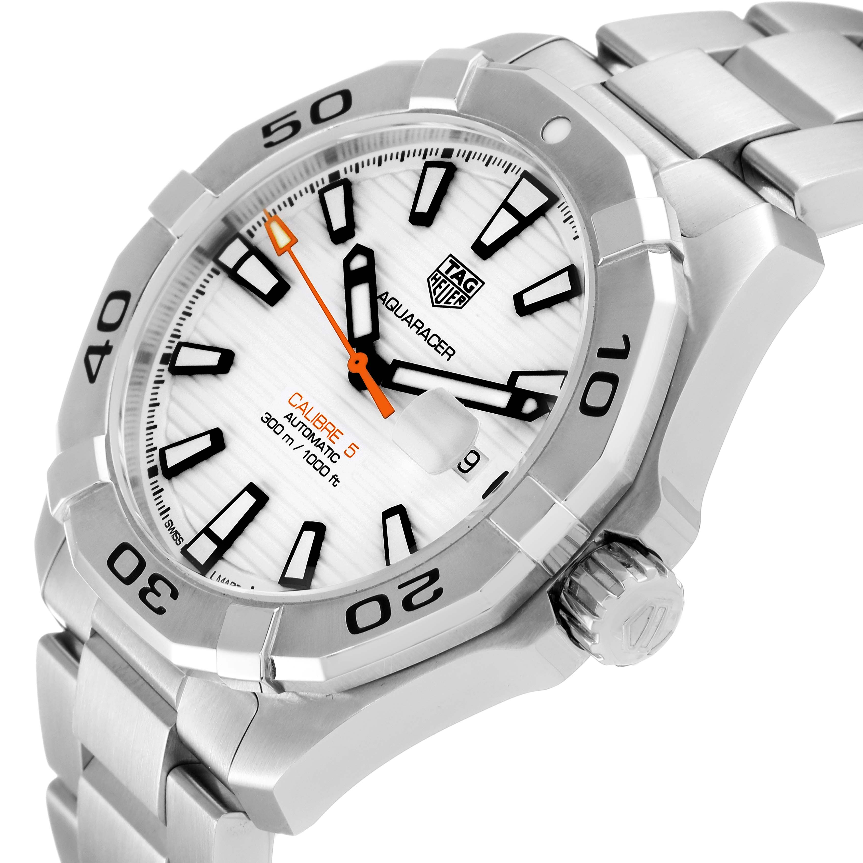 The image shows a three-quarter angle of the Tag Heuer Aquaracer WAY2013.BA0927 Men's Stainless Steel White Dial WAY2013.BA0927 Men's Stainless Steel White Dial watch, highlighting the face, bezel, crown, and part of the bracelet.