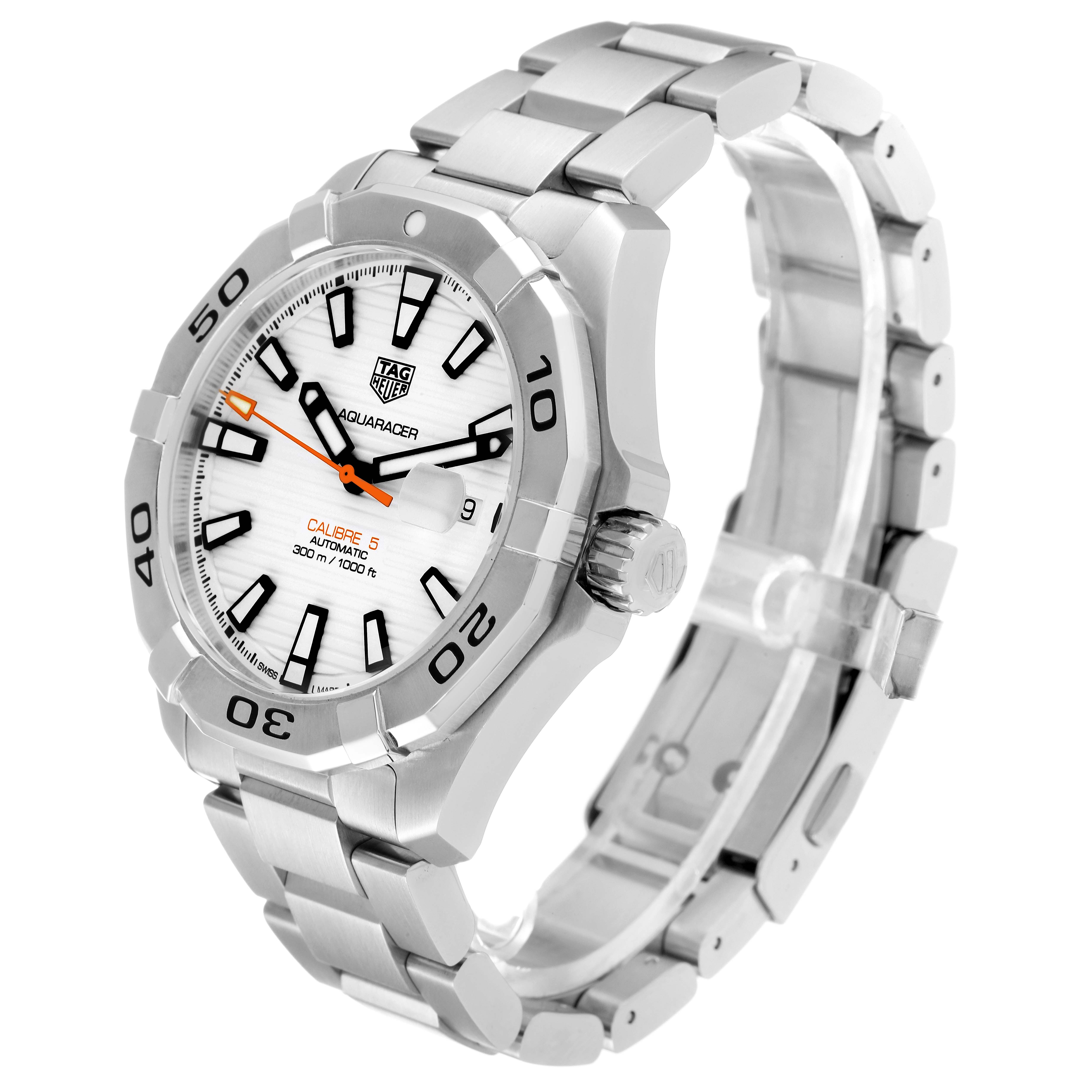 The image shows a side and angled view of the Tag Heuer Aquaracer WAY2013.BA0927 Men's Stainless Steel White Dial WAY2013.BA0927 Men's Stainless Steel White Dial watch, clearly displaying the face, bezel, crown, and part of the bracelet.